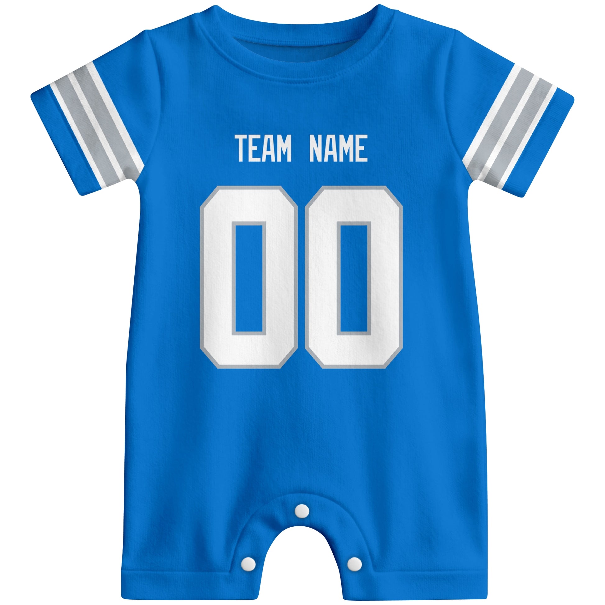 Front view of custom football-style baby onesie in Blue personalized with team name and number