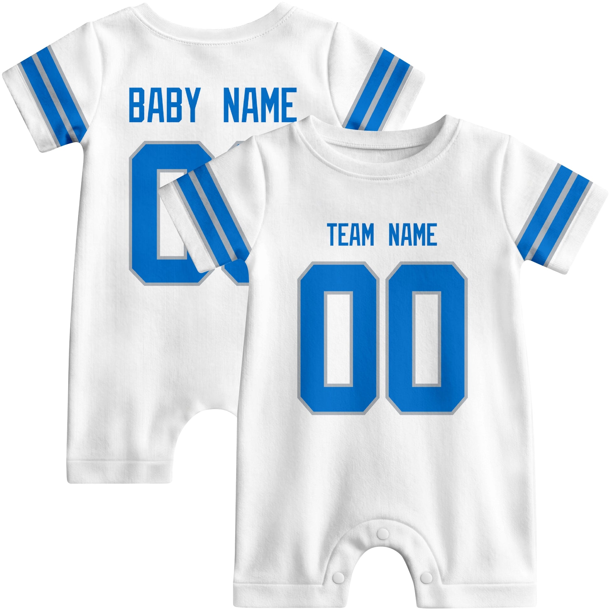 Front and back views of custom football-style baby onesie in White and Blue colors with personalized details