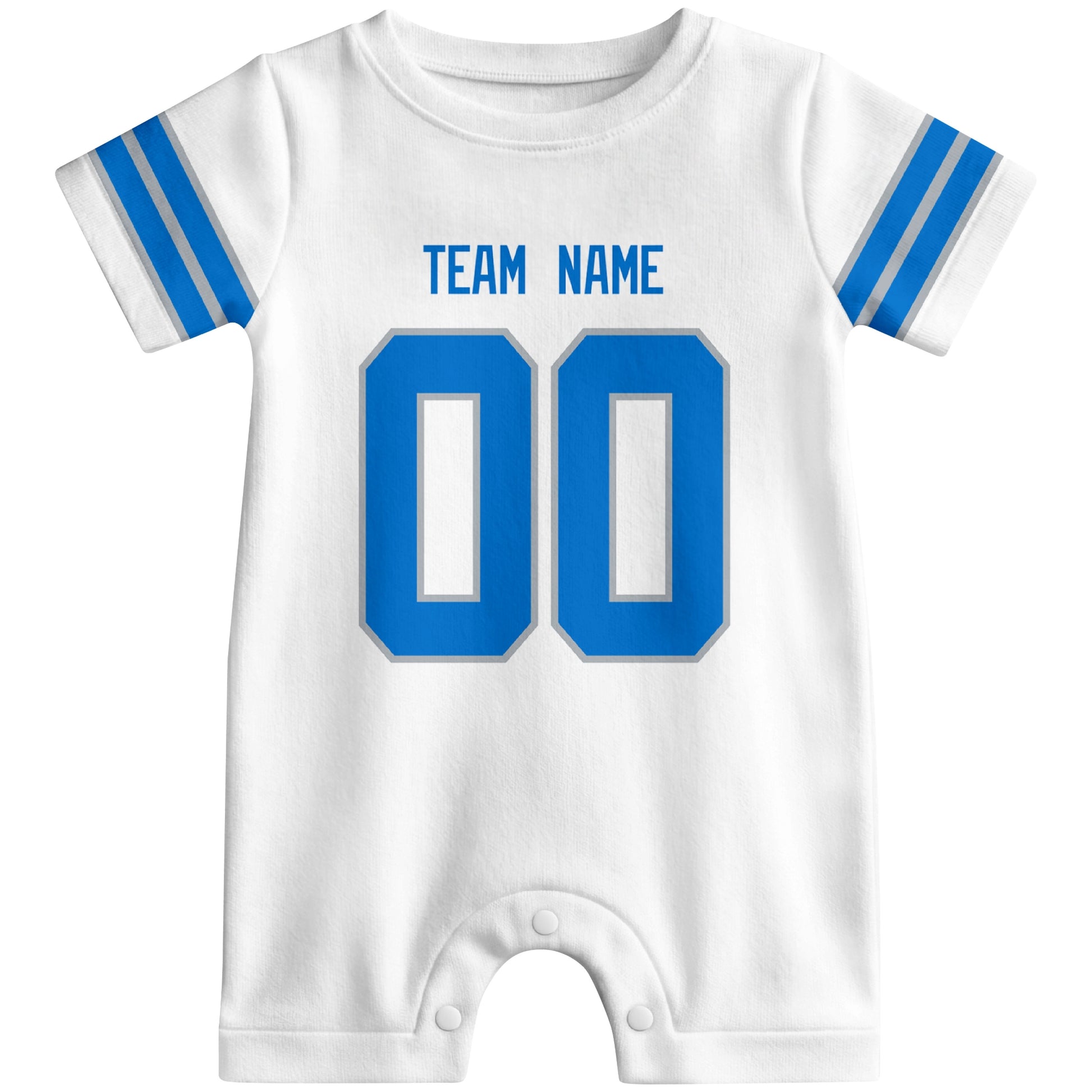 Front view of custom football-style baby onesie in White personalized with name and number