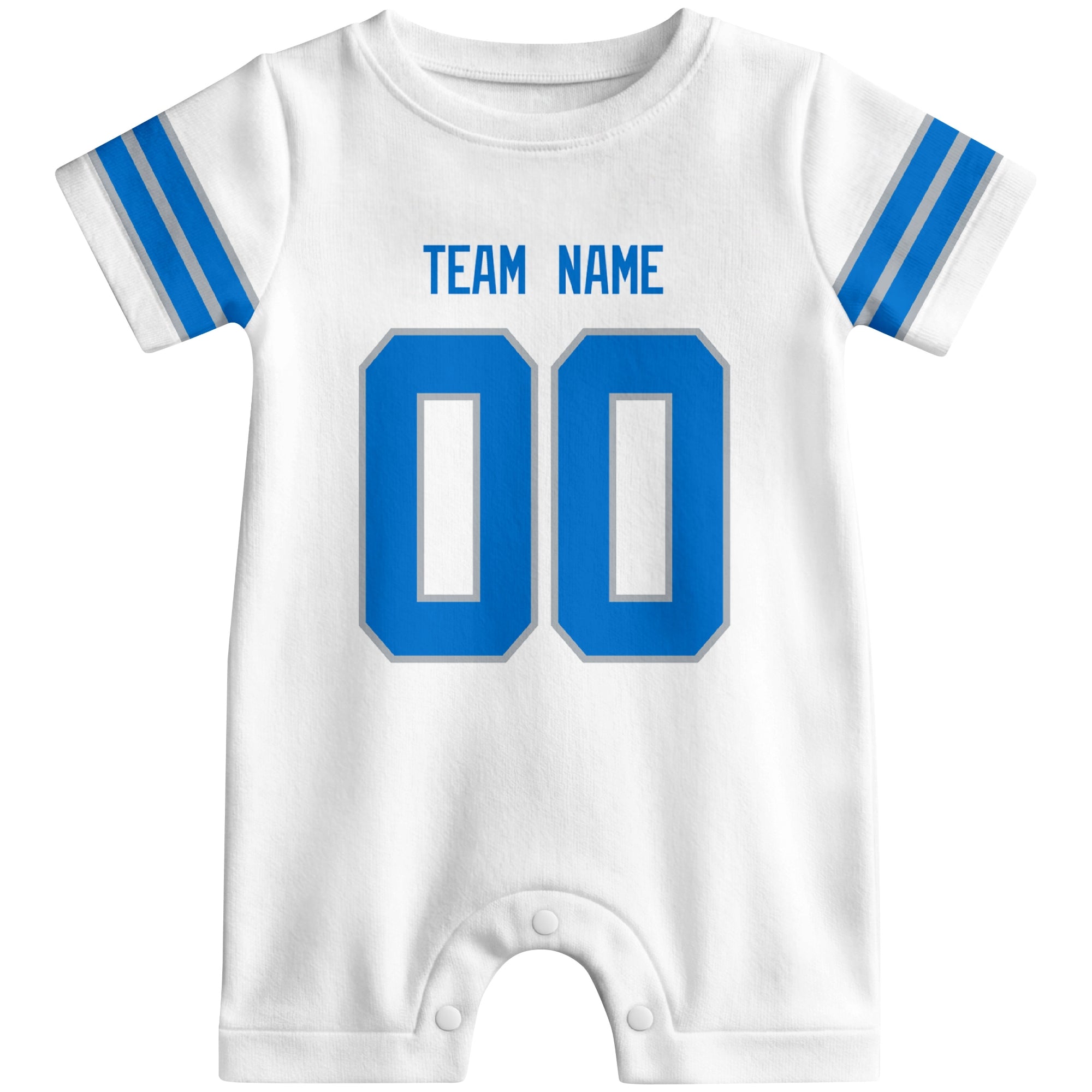 Front view of custom football-style baby onesie in White personalized with name and number