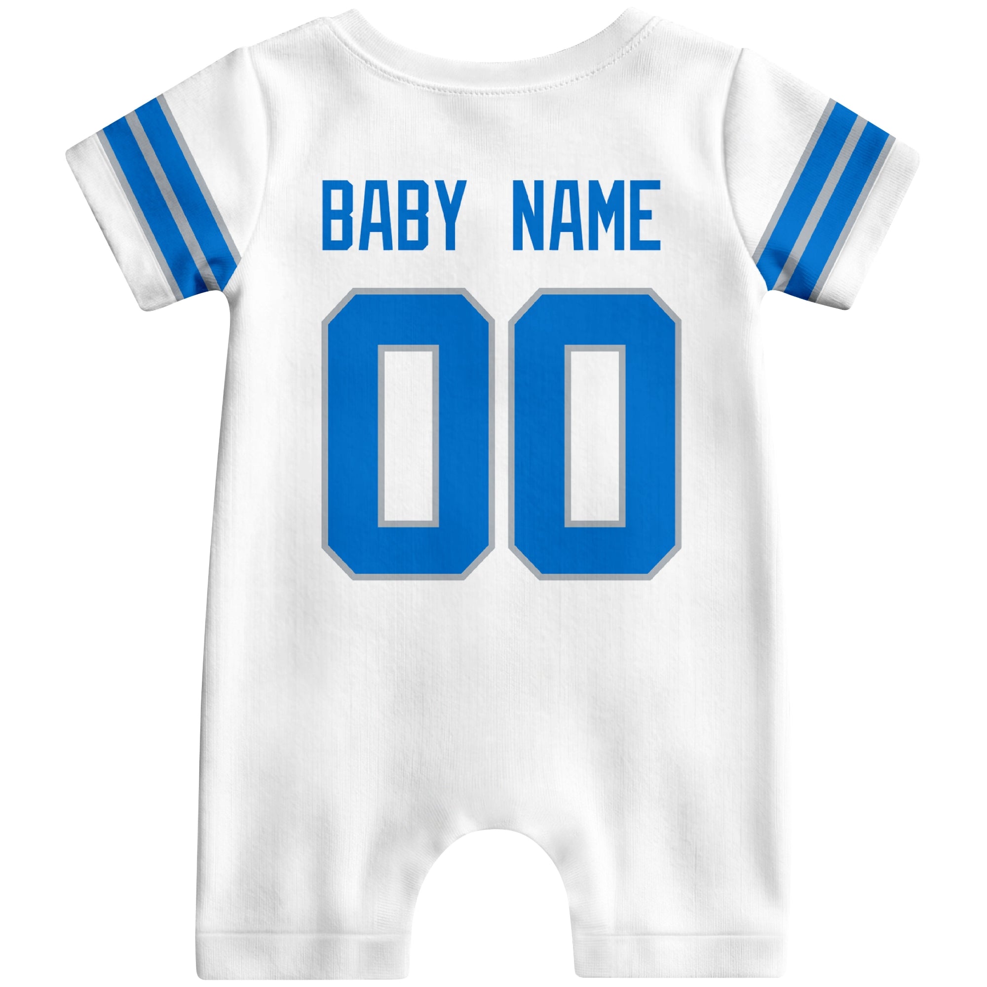 Back view of custom football-style baby onesie in White personalized with name and number