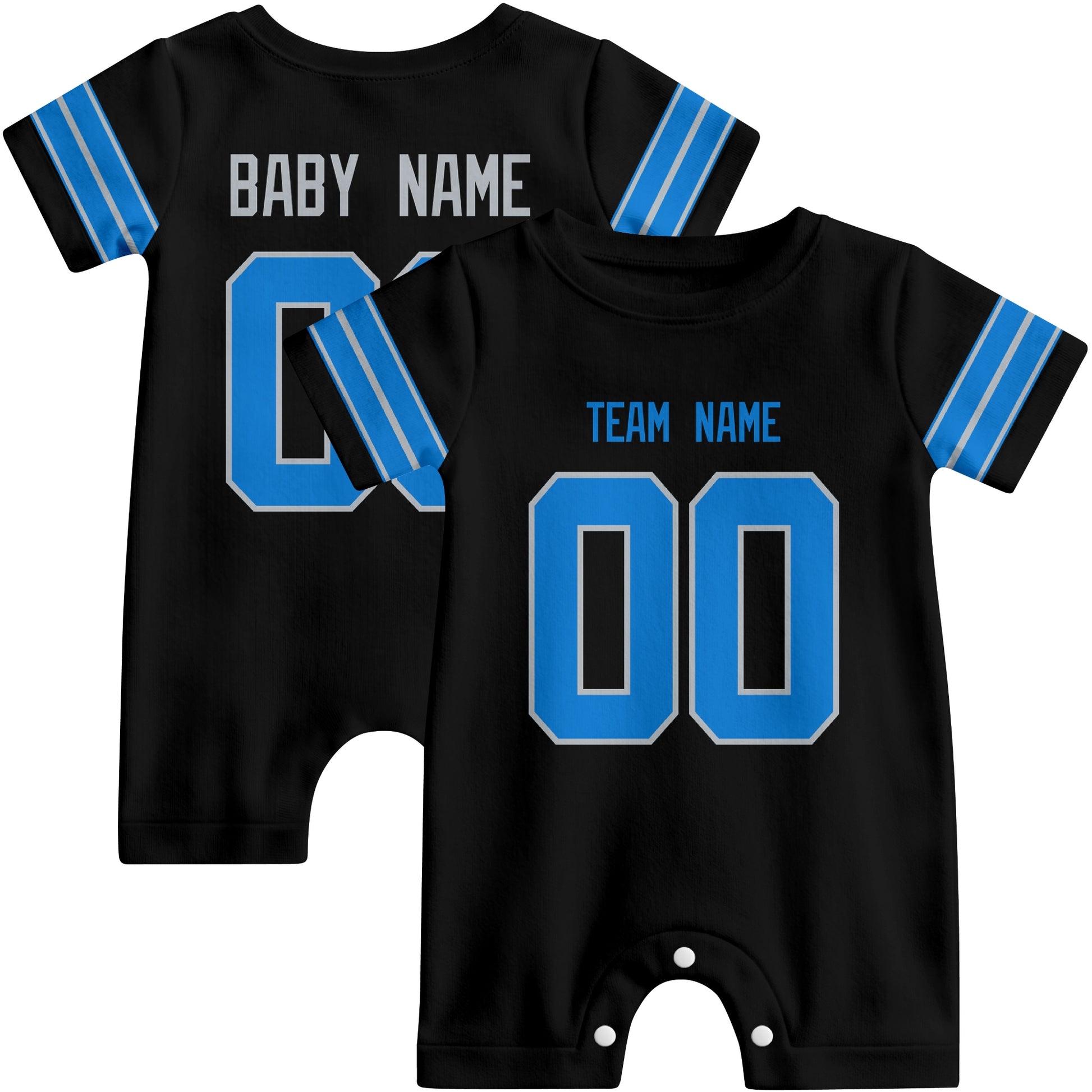 Front and back views of custom football-style baby onesie in Black and Blue colors with personalized details