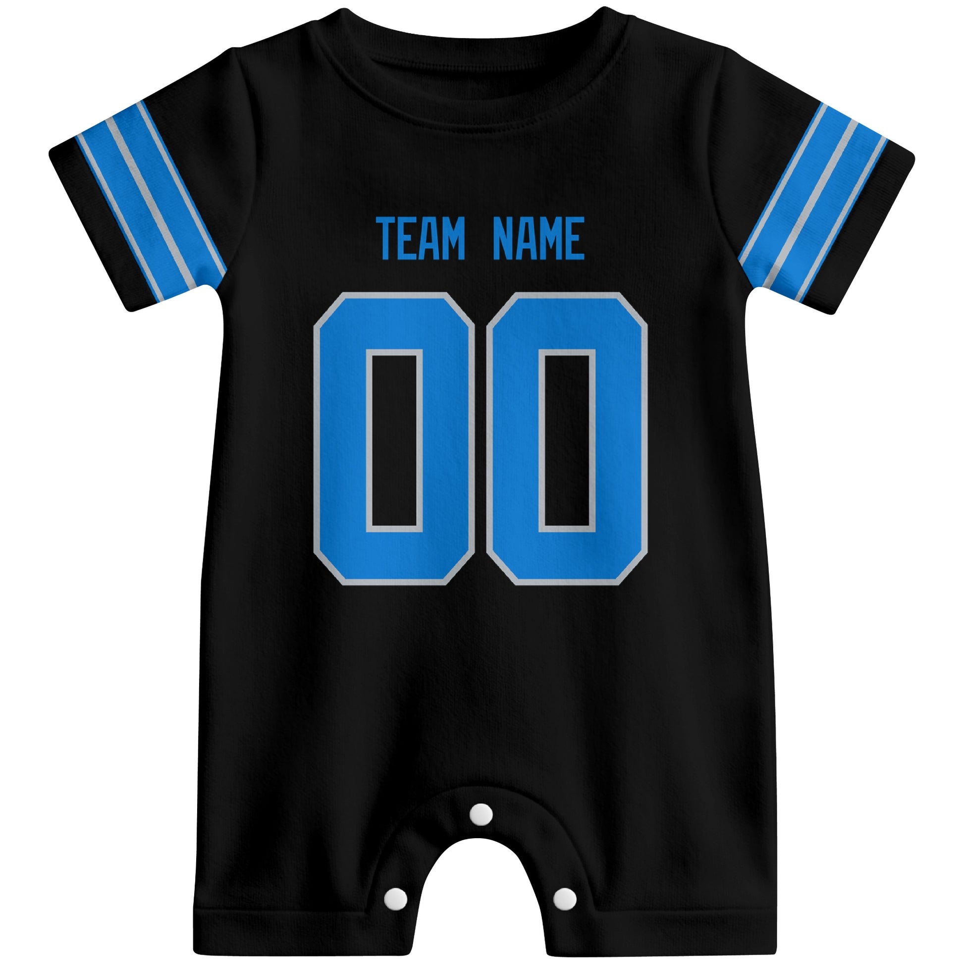 Front view of custom football-style baby onesie in Black personalized with name and number