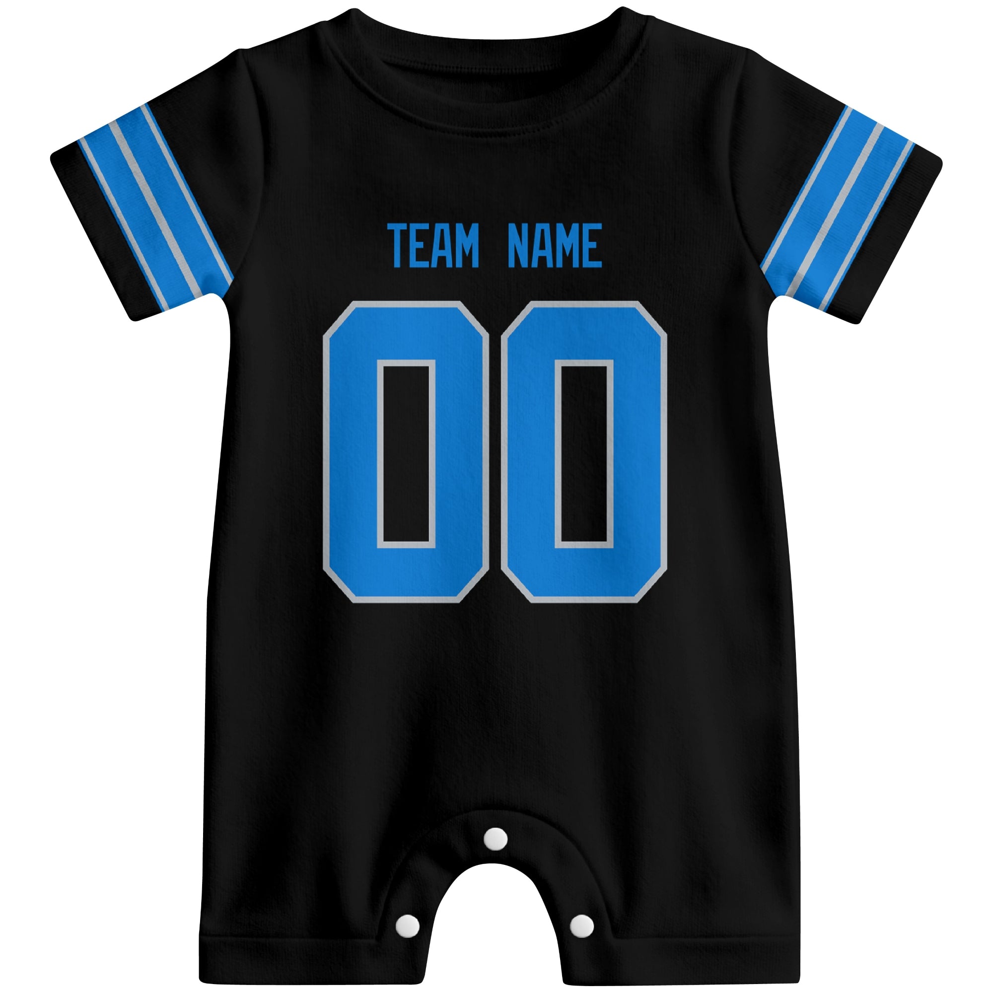 Front view of custom football-style baby onesie in Black personalized with name and number