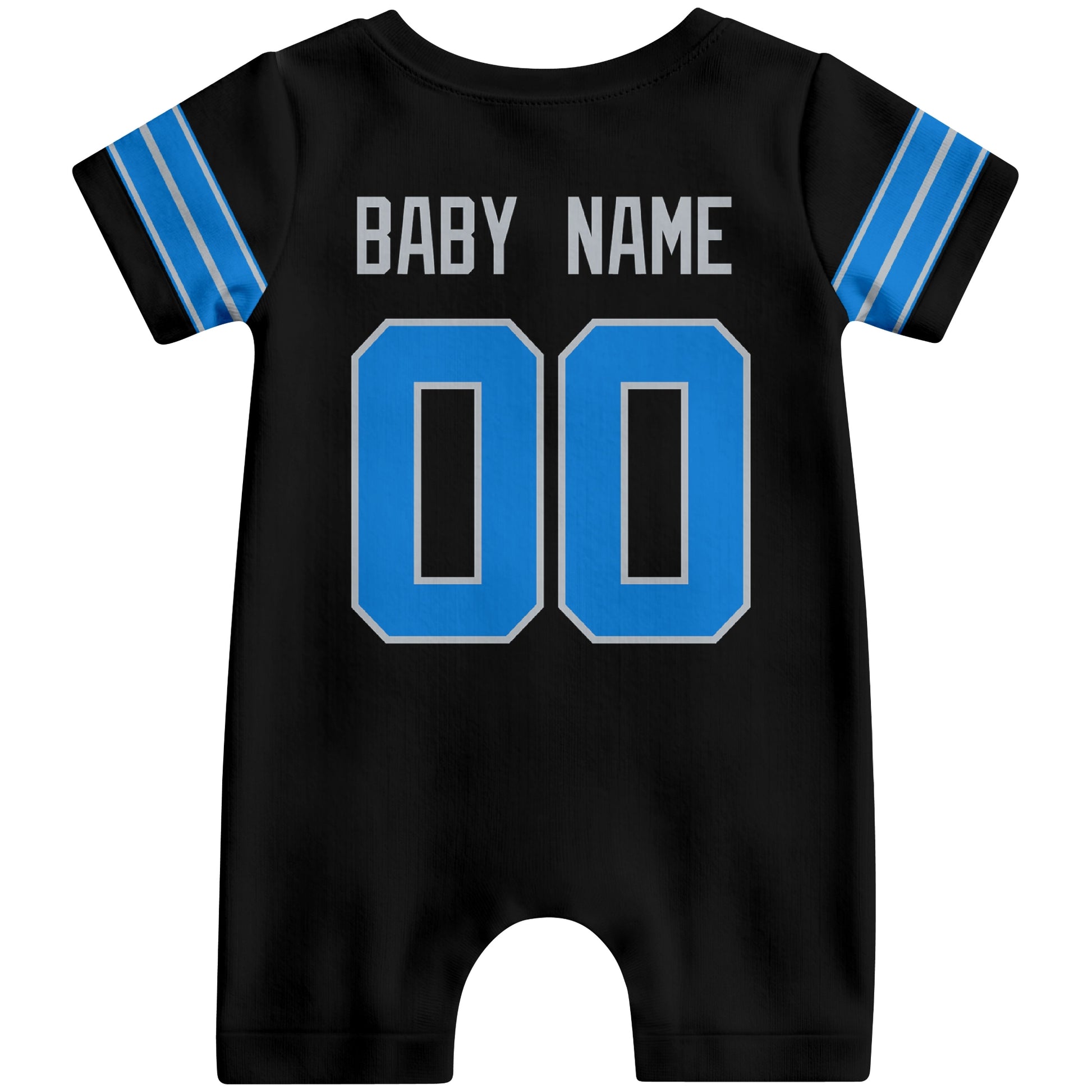 Back view of custom football-style baby onesie in Black personalized with name and number