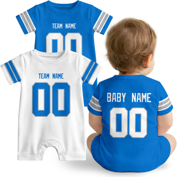 Baby wearing custom football-style onesie in Blue, White, and Black with personalized name and number