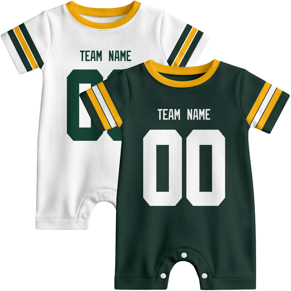 Baby wearing custom football-style onesie in Green, White, and Gold with personalized name and number