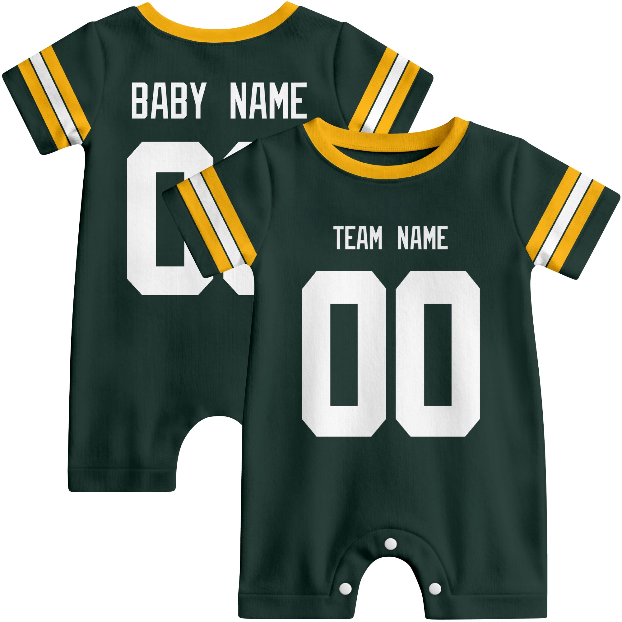 Front and back views of custom football-style baby onesie in Green and White colors with personalized details