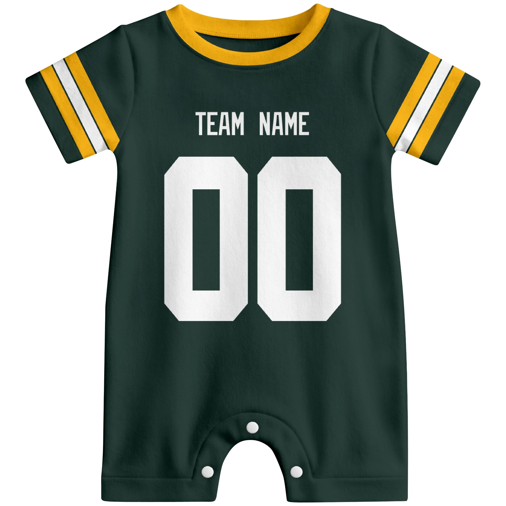 Front view of custom football-style baby onesie in Green personalized with team name and number