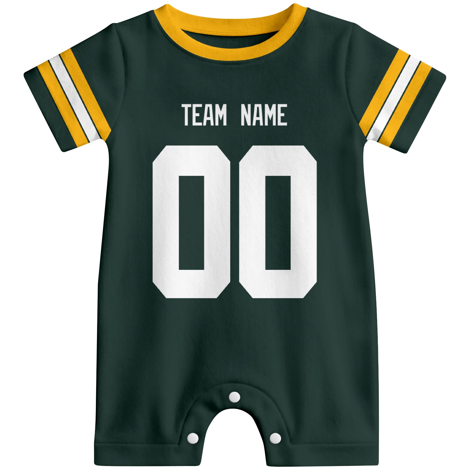 Front view of custom football-style baby onesie in Green personalized with team name and number