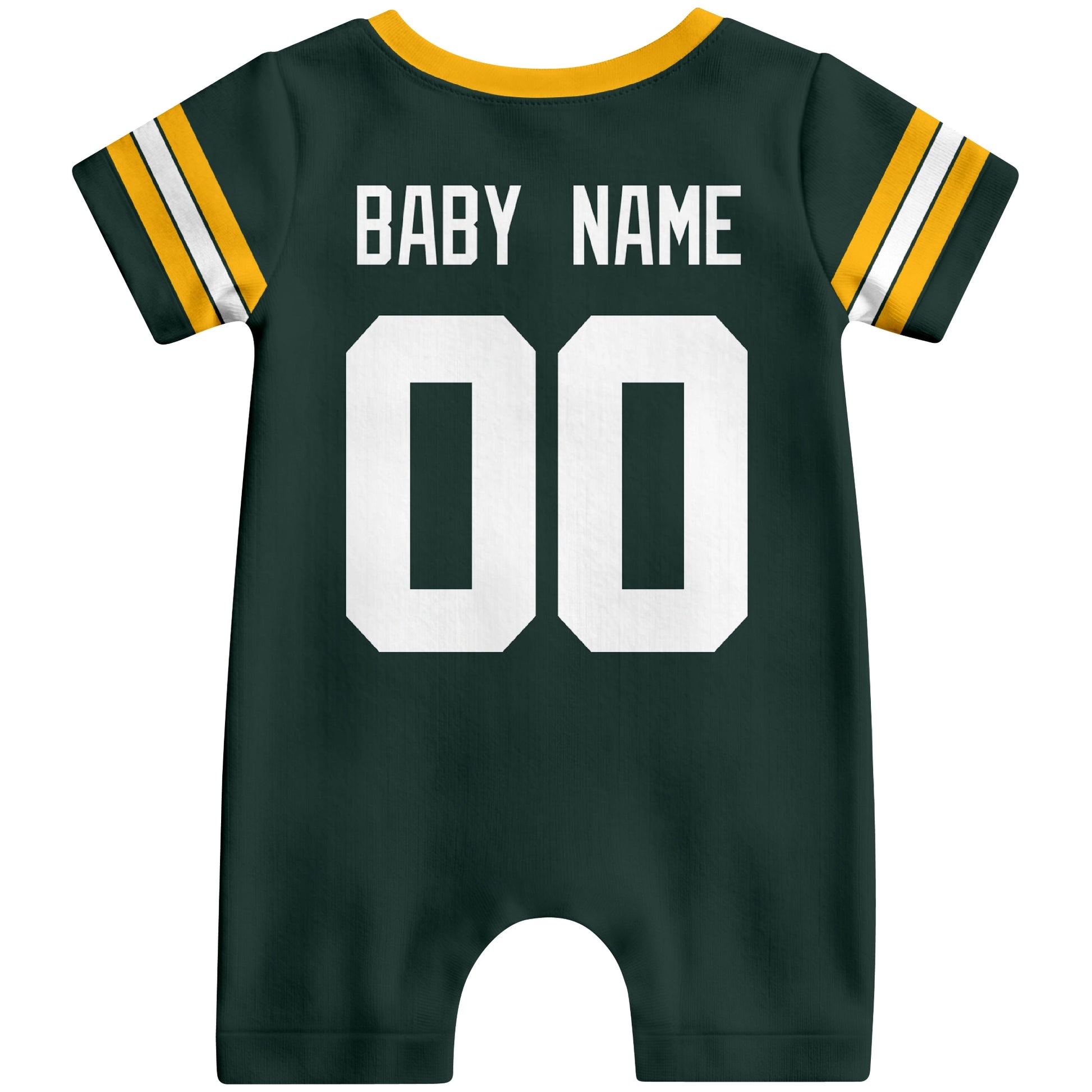 Back view of custom football-style baby onesie in Green personalized with baby name and number