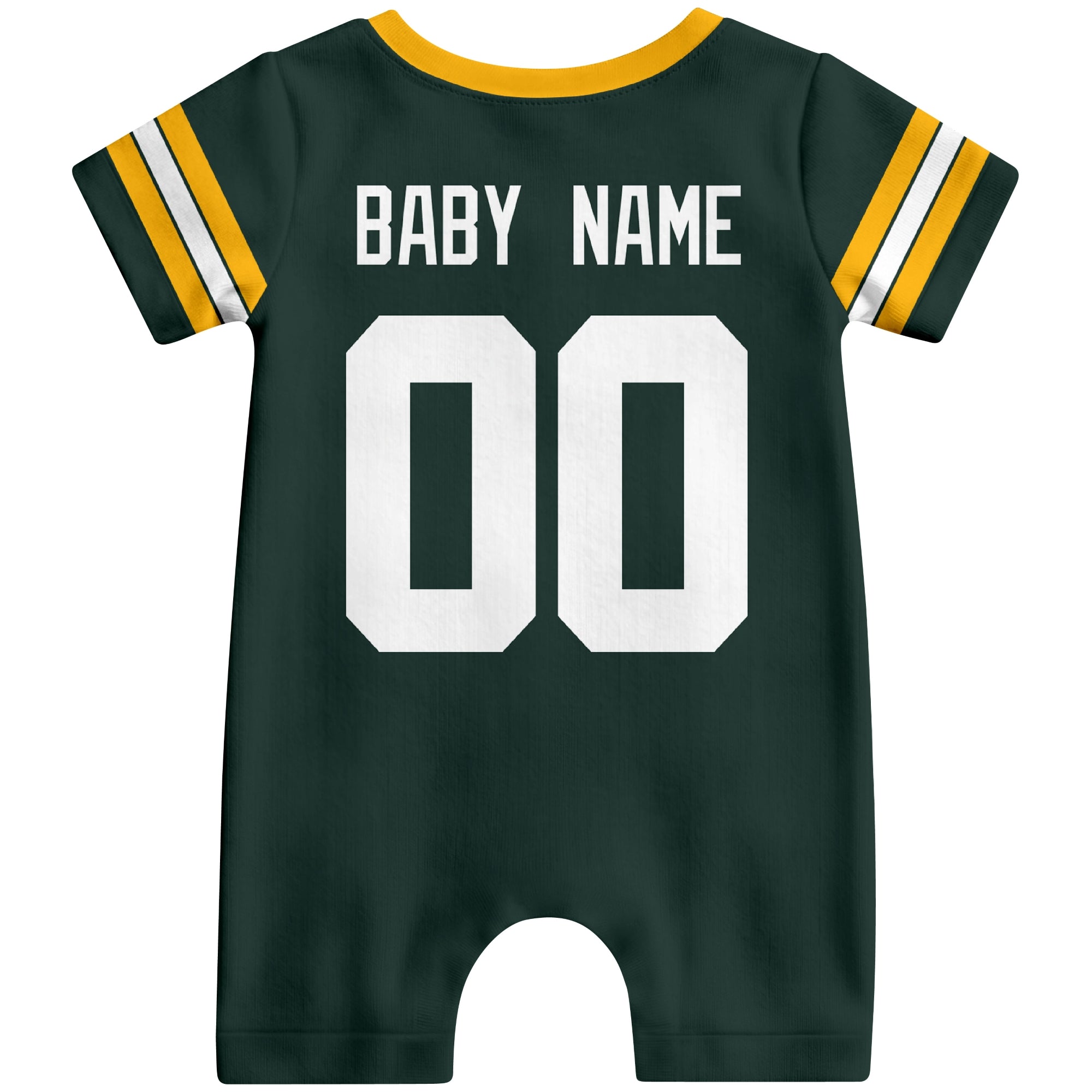 Back view of custom football-style baby onesie in Green personalized with baby name and number