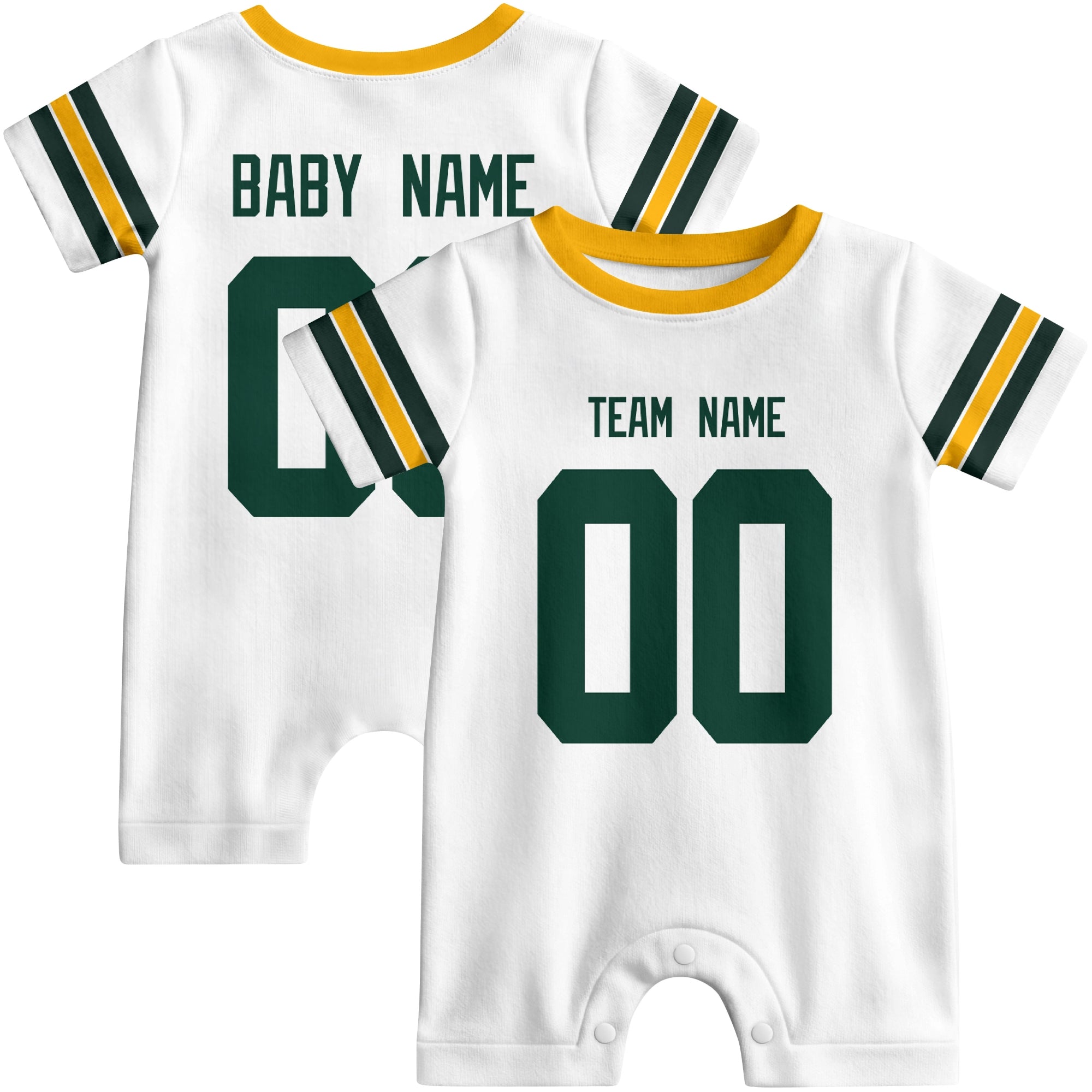 Front and back views of custom football-style baby onesie in White and Green colors with personalized details
