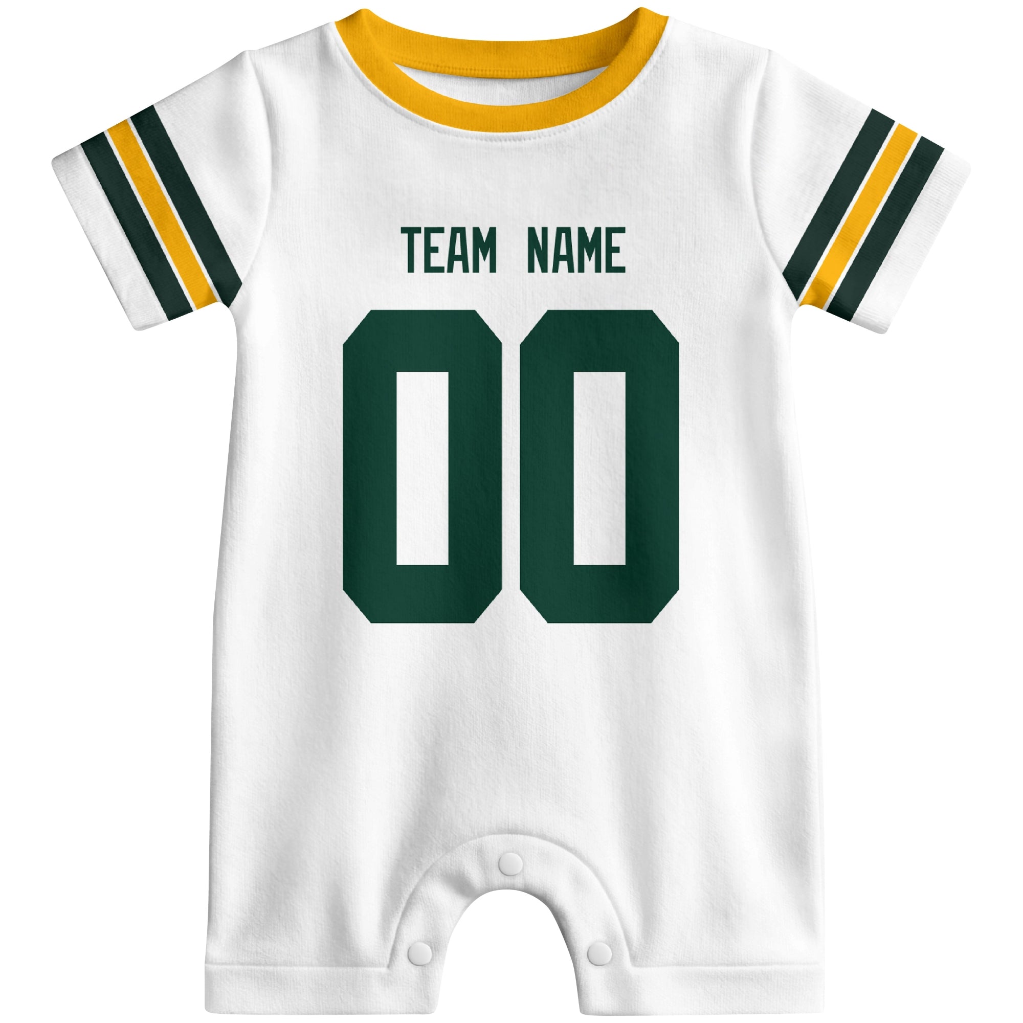 Front view of custom football-style baby onesie in White personalized with name and number
