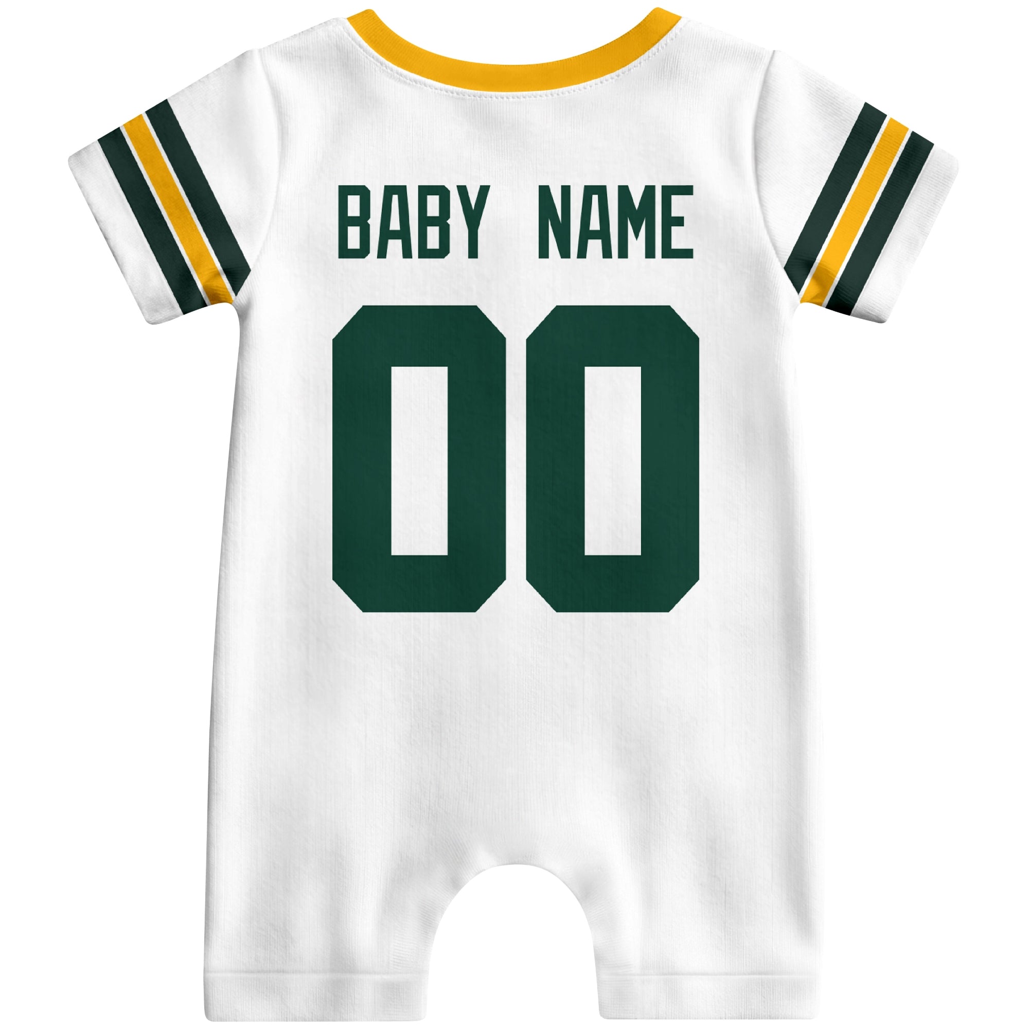 Back view of custom football-style baby onesie in White personalized with name and number