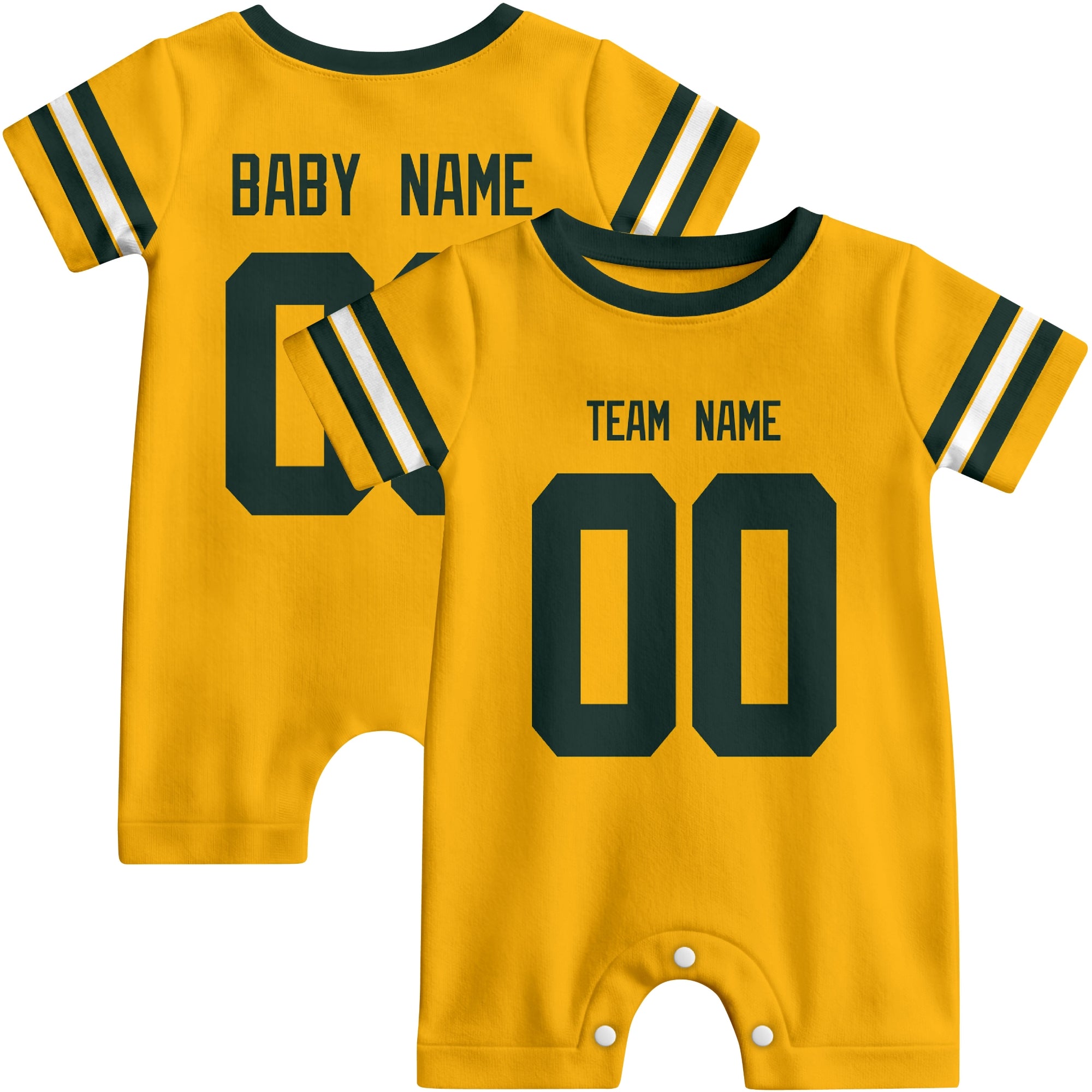 Front and back views of custom football-style baby onesie in Gold and Green colors with personalized details