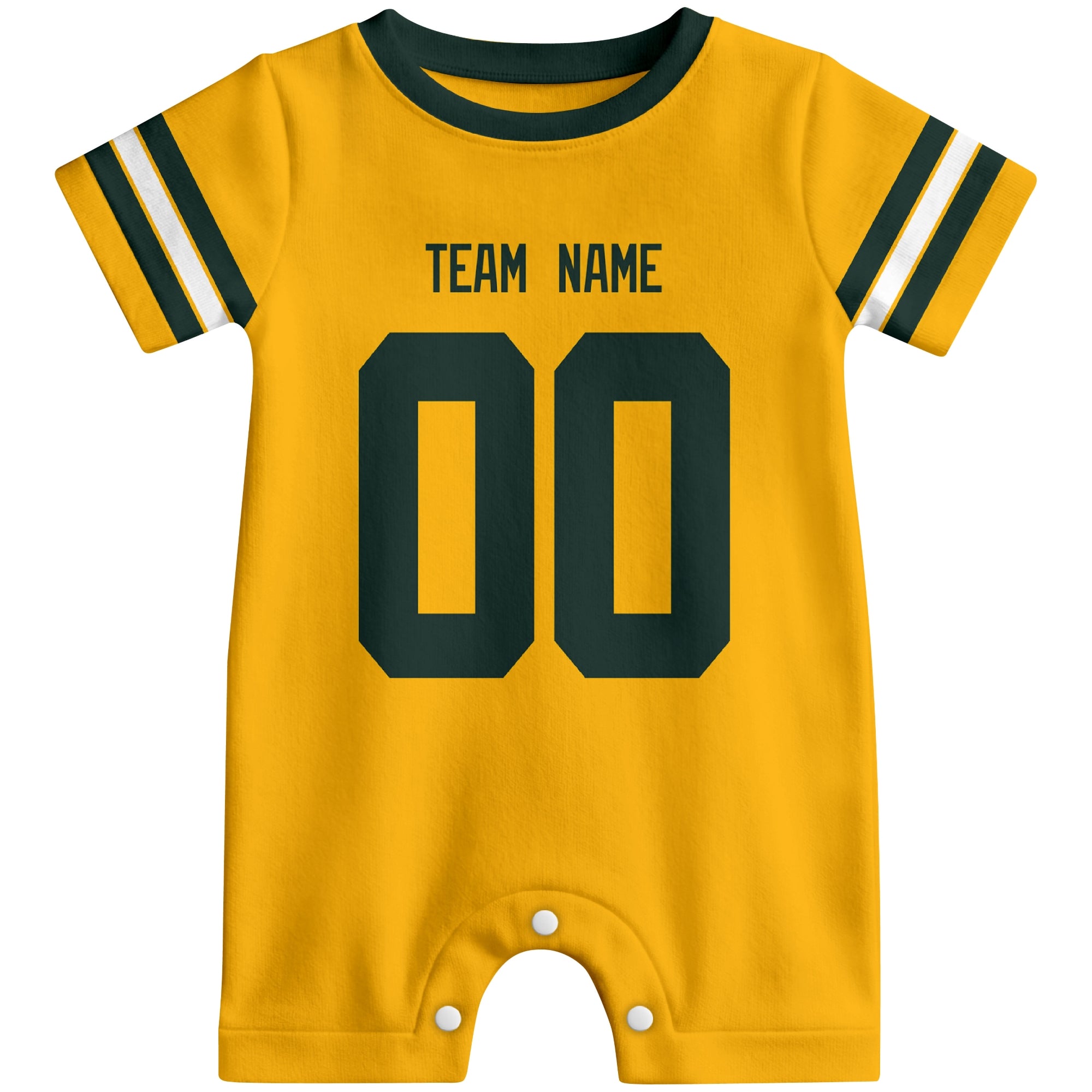 Front view of custom football-style baby onesie in Gold personalized with name and number