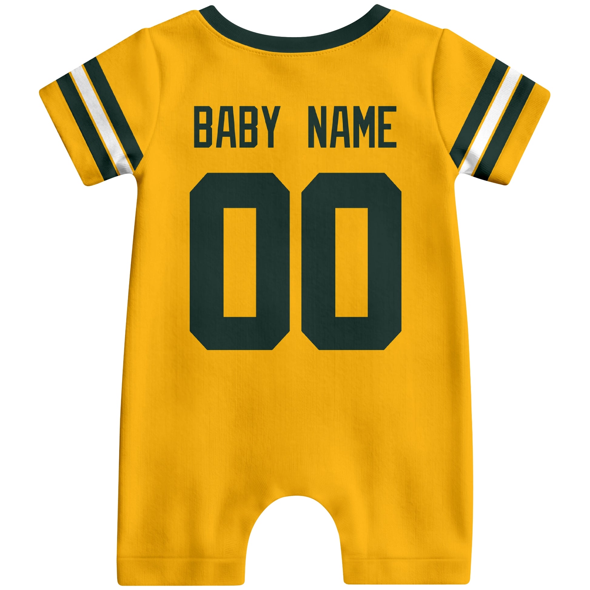 Back view of custom football-style baby onesie in Gold personalized with name and number