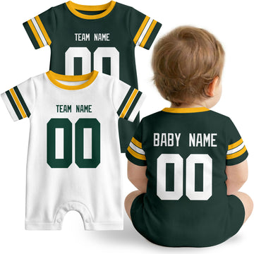 Baby wearing custom football-style onesie in Green, White, and Gold with personalized name and number