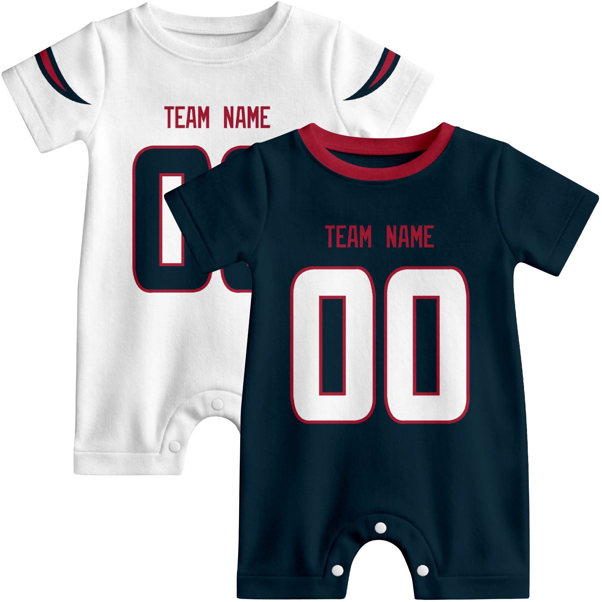 Custom football-style baby onesie color options in Navy and White
