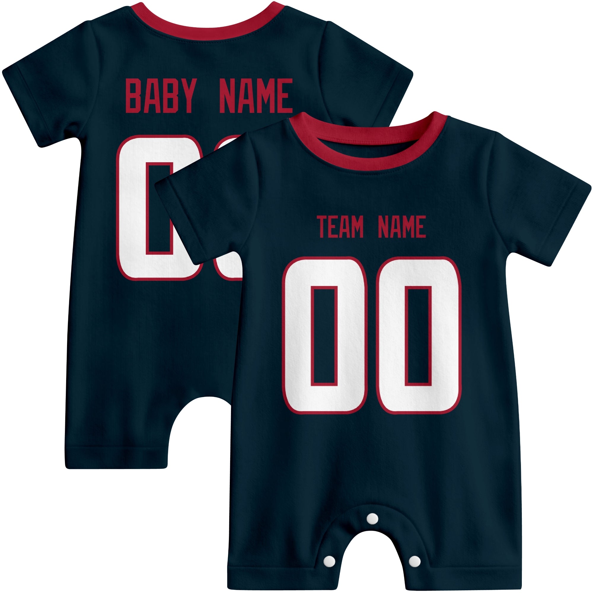 Front and back views of custom football-style baby onesie in Navy and White colors with personalized details
