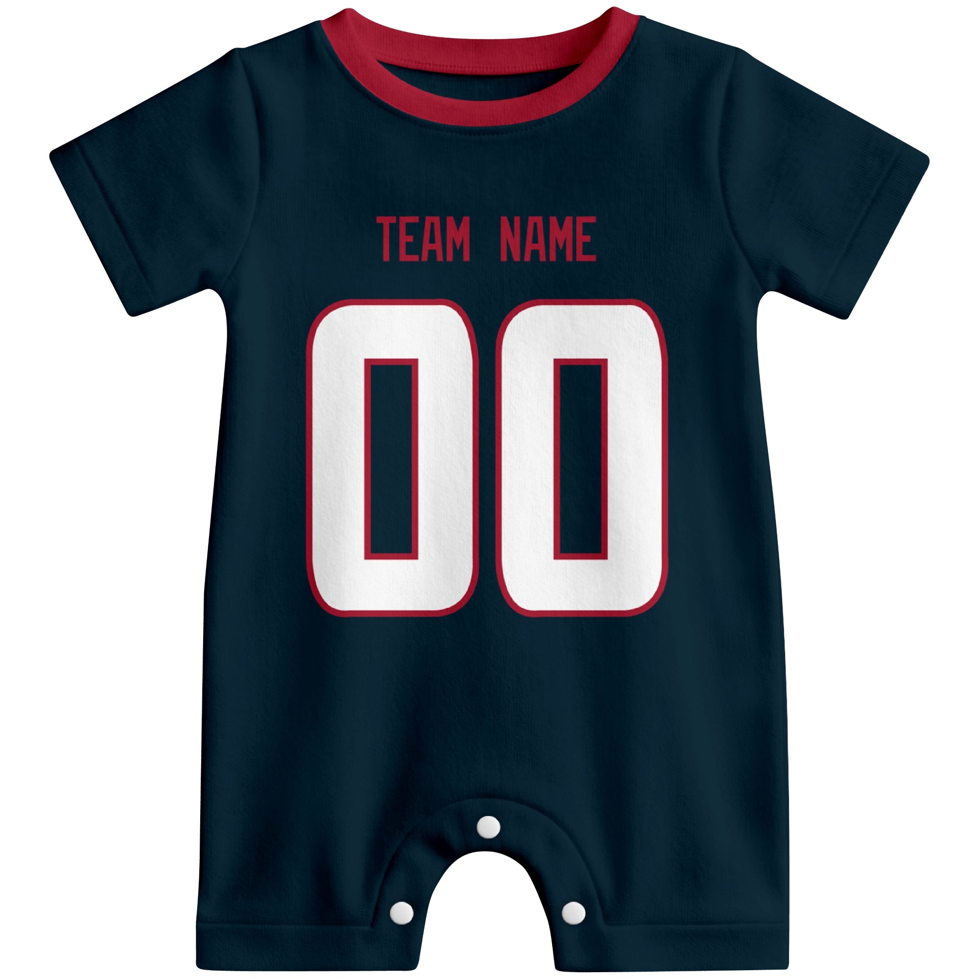 Front view of custom football-style baby onesie in Navy personalized with team name and number