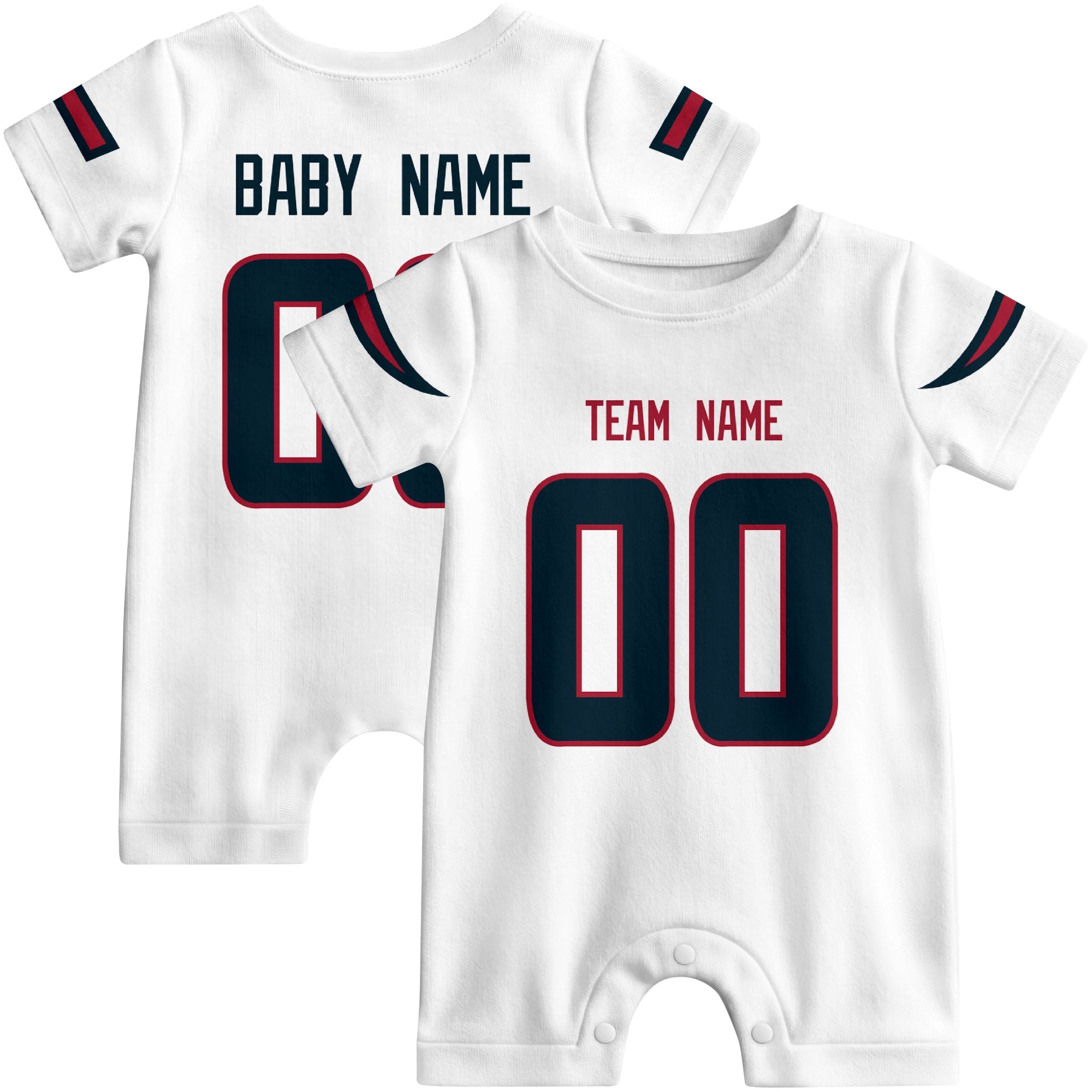 Front and back views of custom football-style baby onesie in White and Navy colors with personalized details