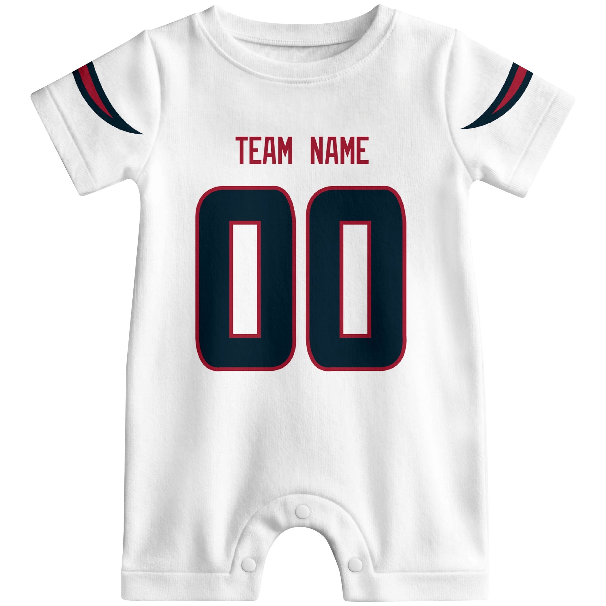 Front view of custom football-style baby onesie in White personalized with name and number