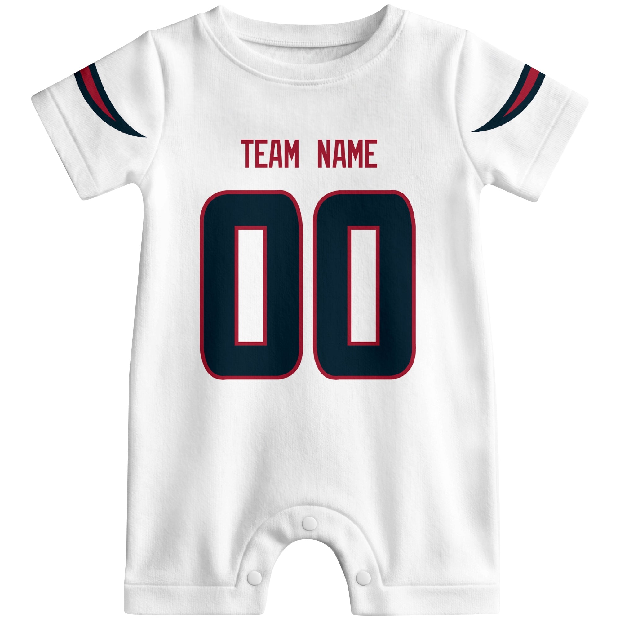 Front view of custom football-style baby onesie in White personalized with name and number