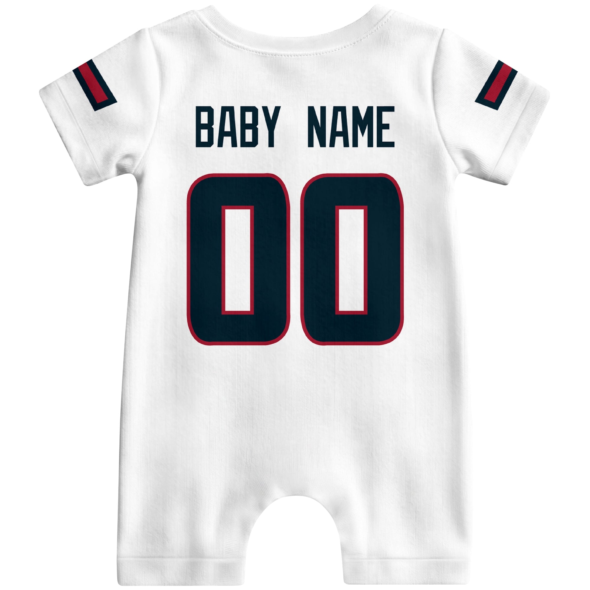 Back view of custom football-style baby onesie in White personalized with name and number