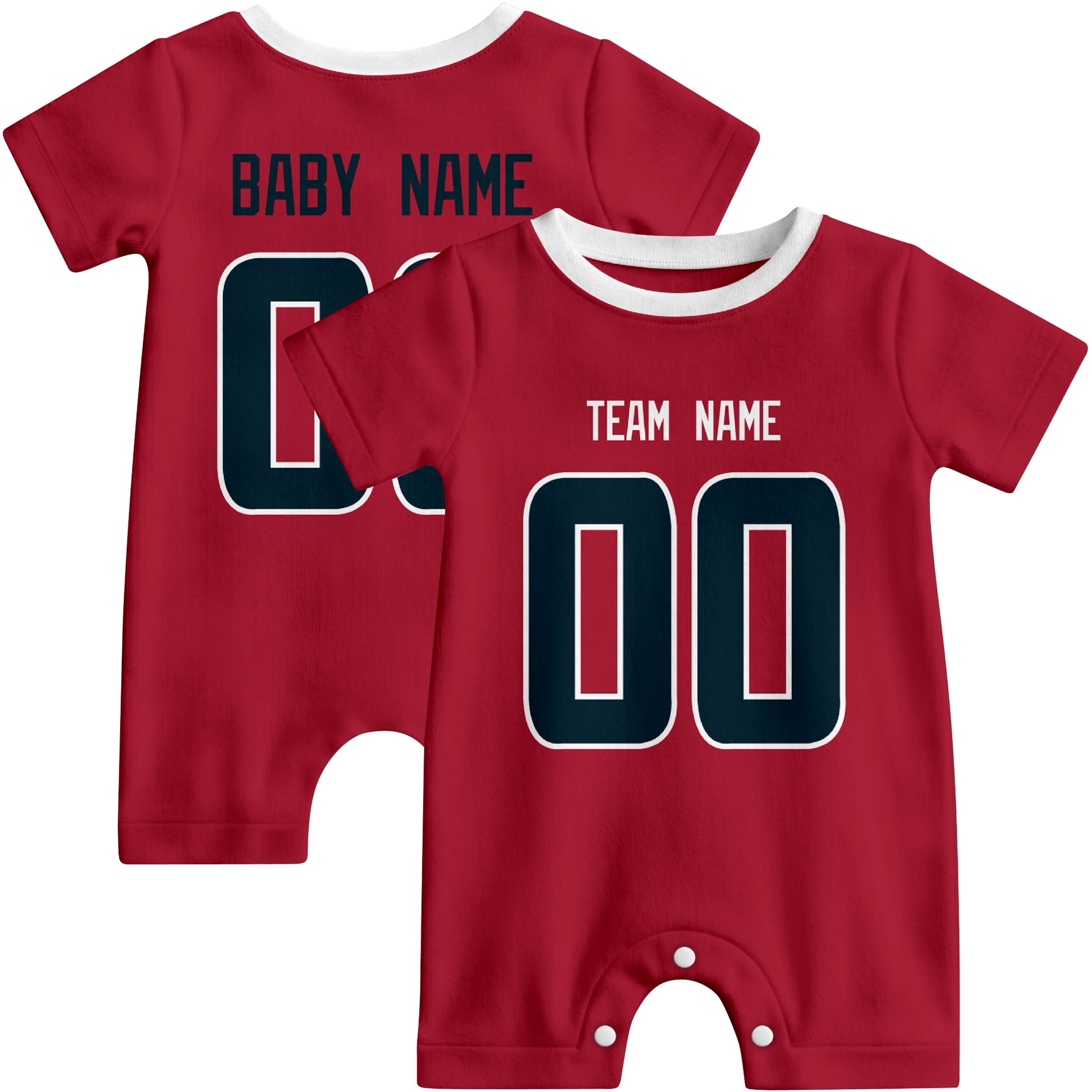 Front and back views of custom football-style baby onesie in Red and Navy colors with personalized details