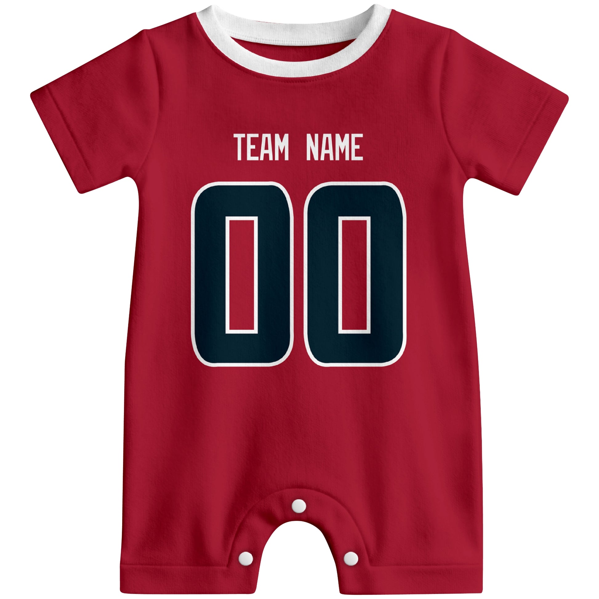 Front view of custom football-style baby onesie in Red personalized with name and number