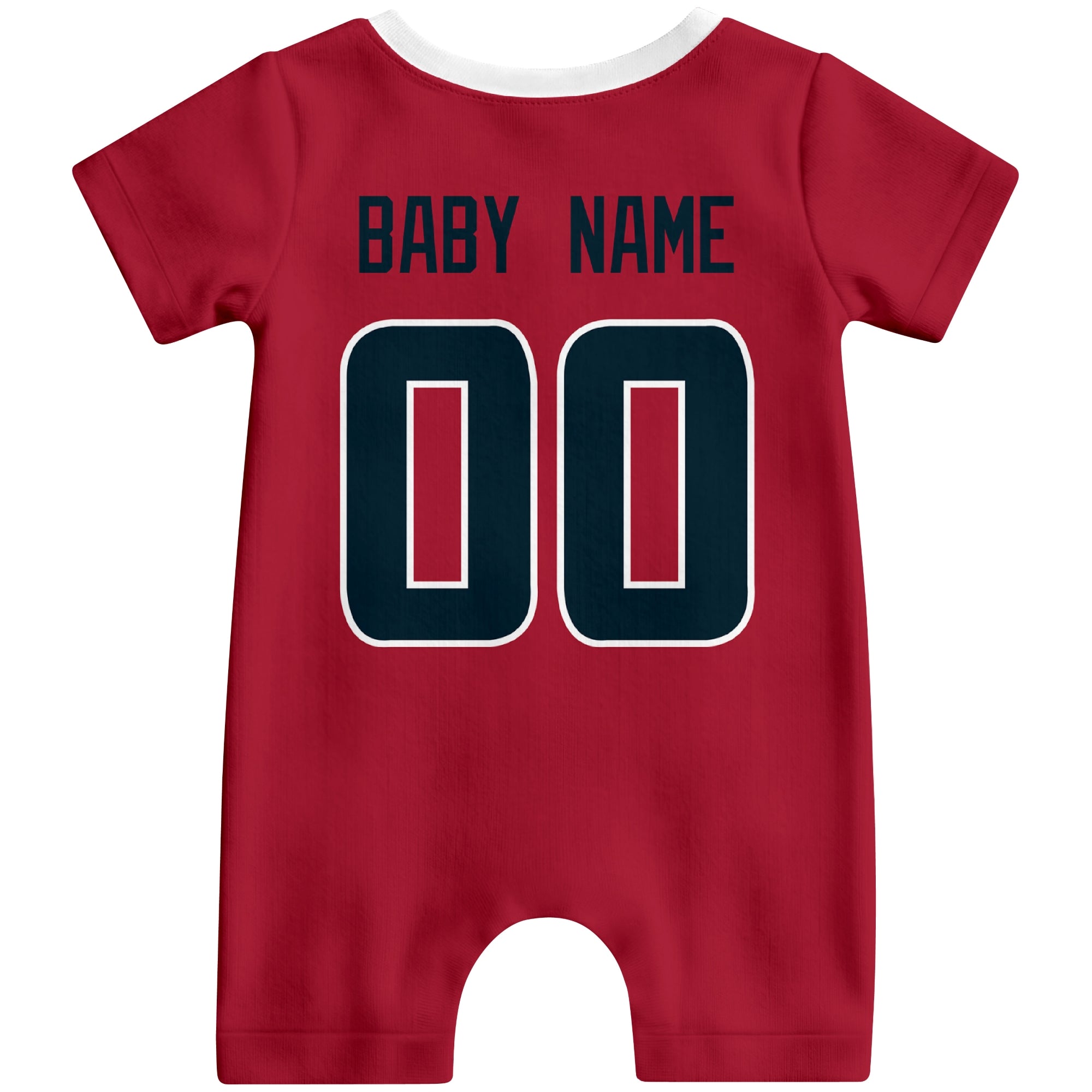 Back view of custom football-style baby onesie in Red personalized with name and number