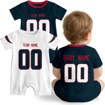 Baby wearing custom football-style onesie in Navy, White, and Red with personalized name and number