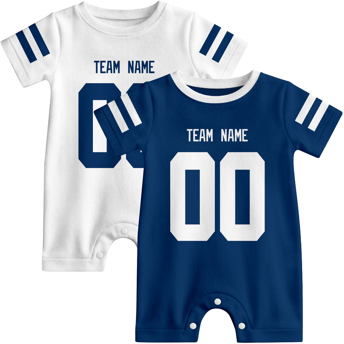 Baby wearing custom football-style onesie in Royal, White, and Gray with personalized name and number