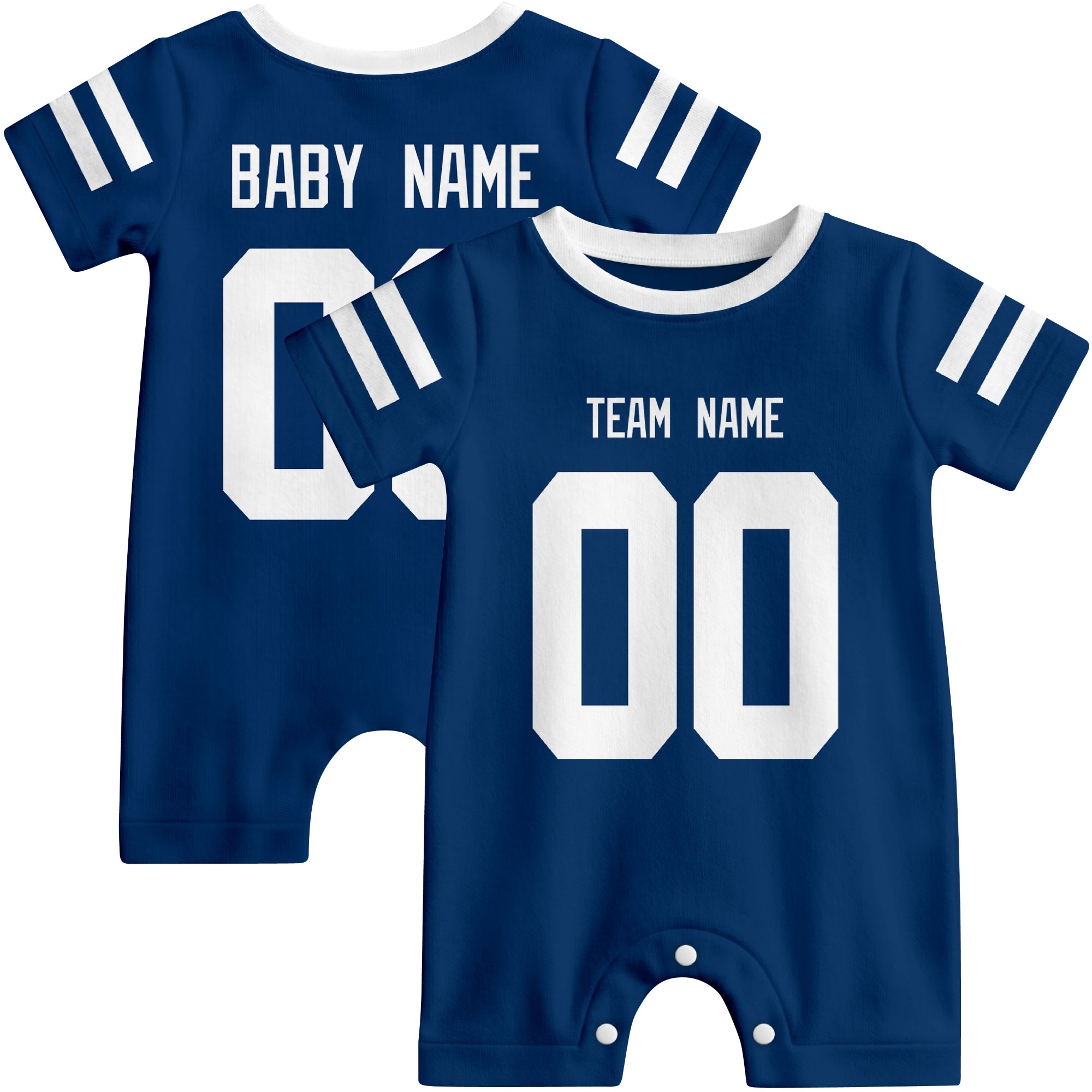 Front and back views of custom football-style baby onesie in Royal and White colors with personalized details