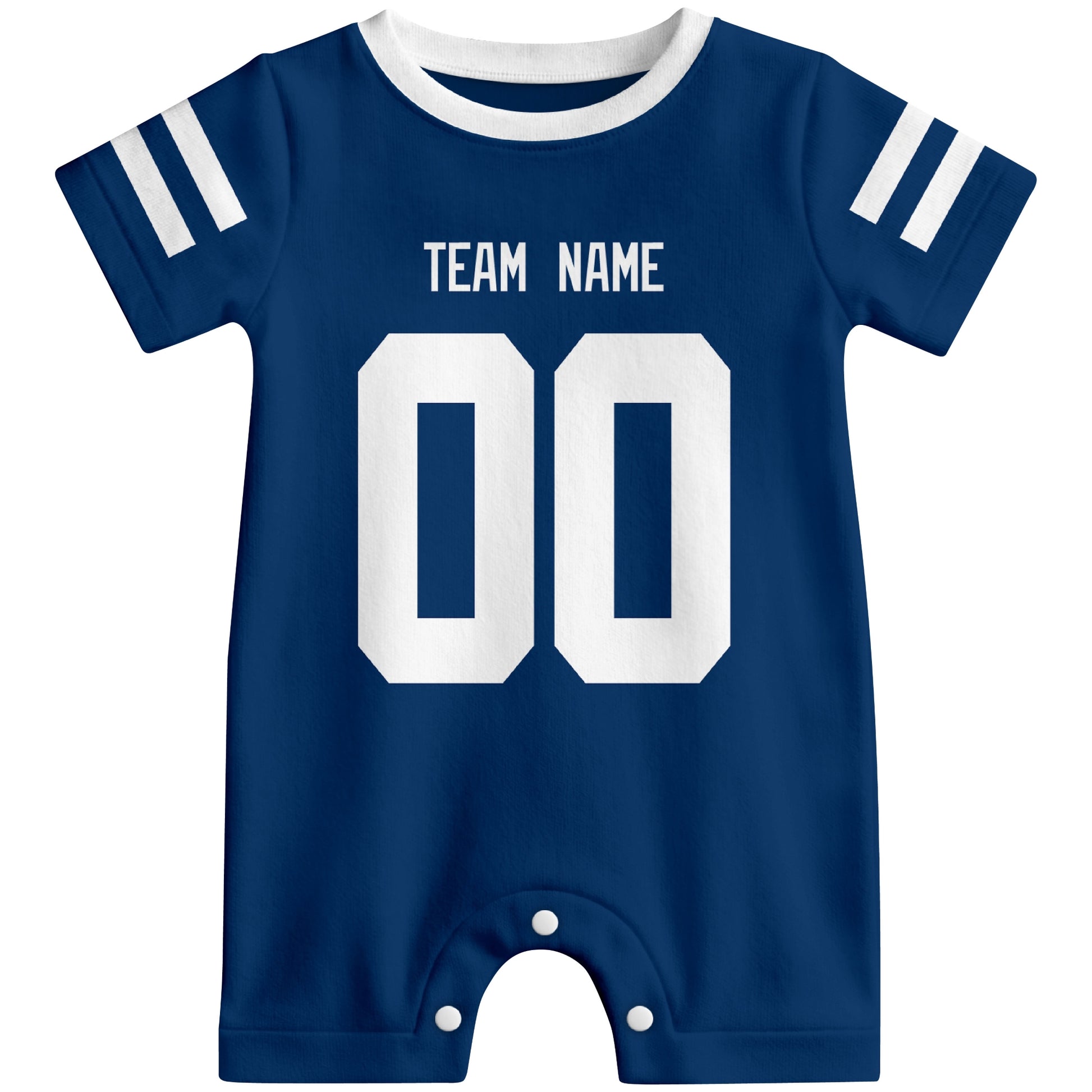 Front view of custom football-style baby onesie in Royal personalized with team name and number