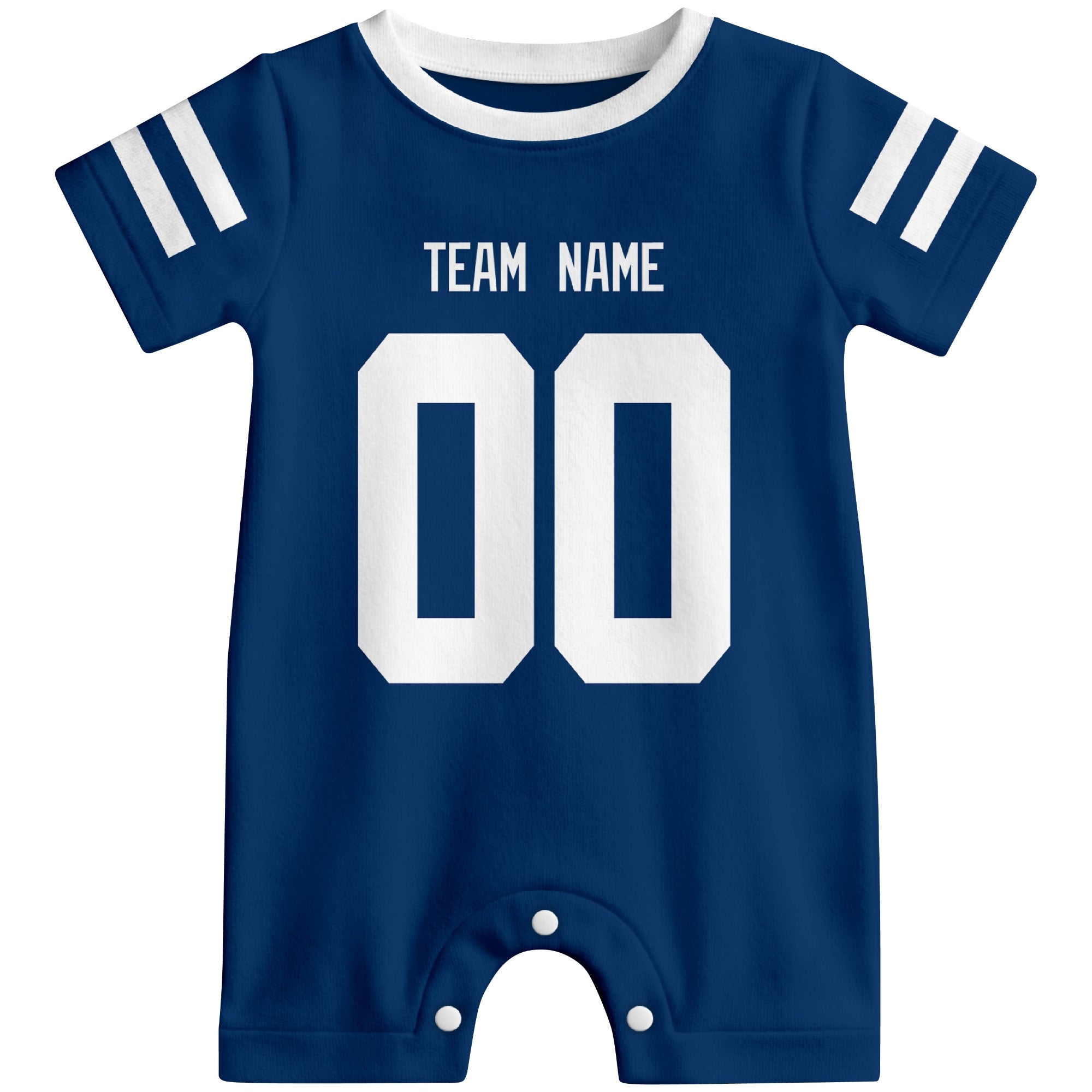 Front view of custom football-style baby onesie in Royal personalized with team name and number