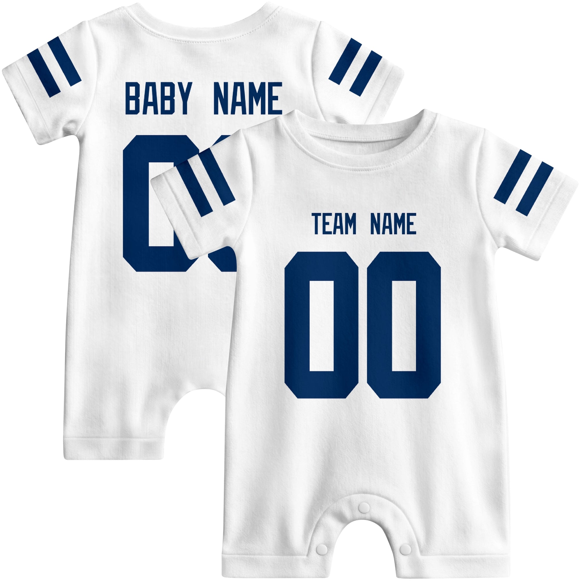 Front and back views of custom football-style baby onesie in White and Royal colors with personalized details