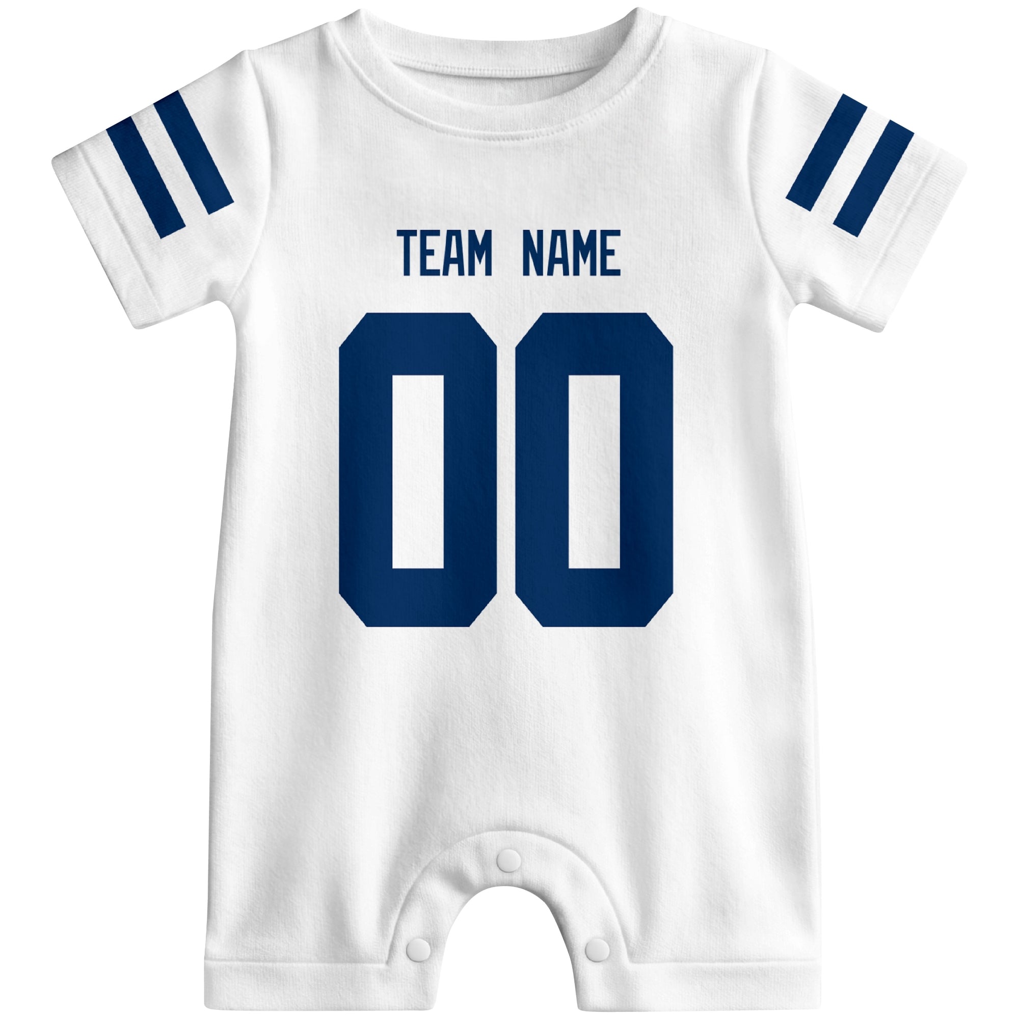 Front view of custom football-style baby onesie in White personalized with name and number