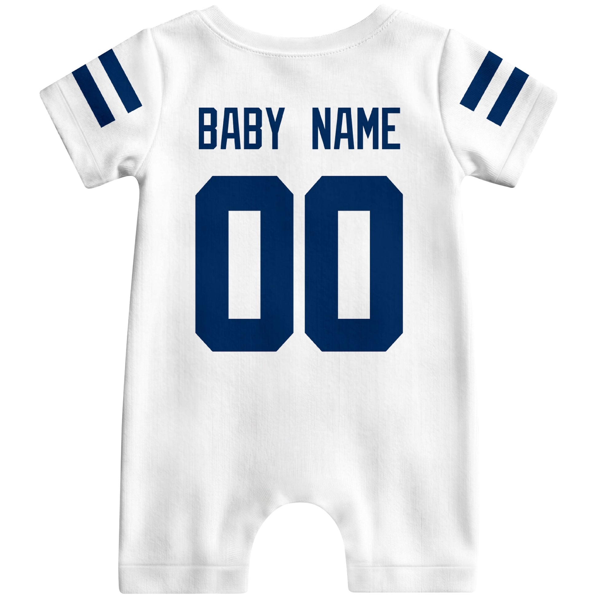 Back view of custom football-style baby onesie in White personalized with name and number