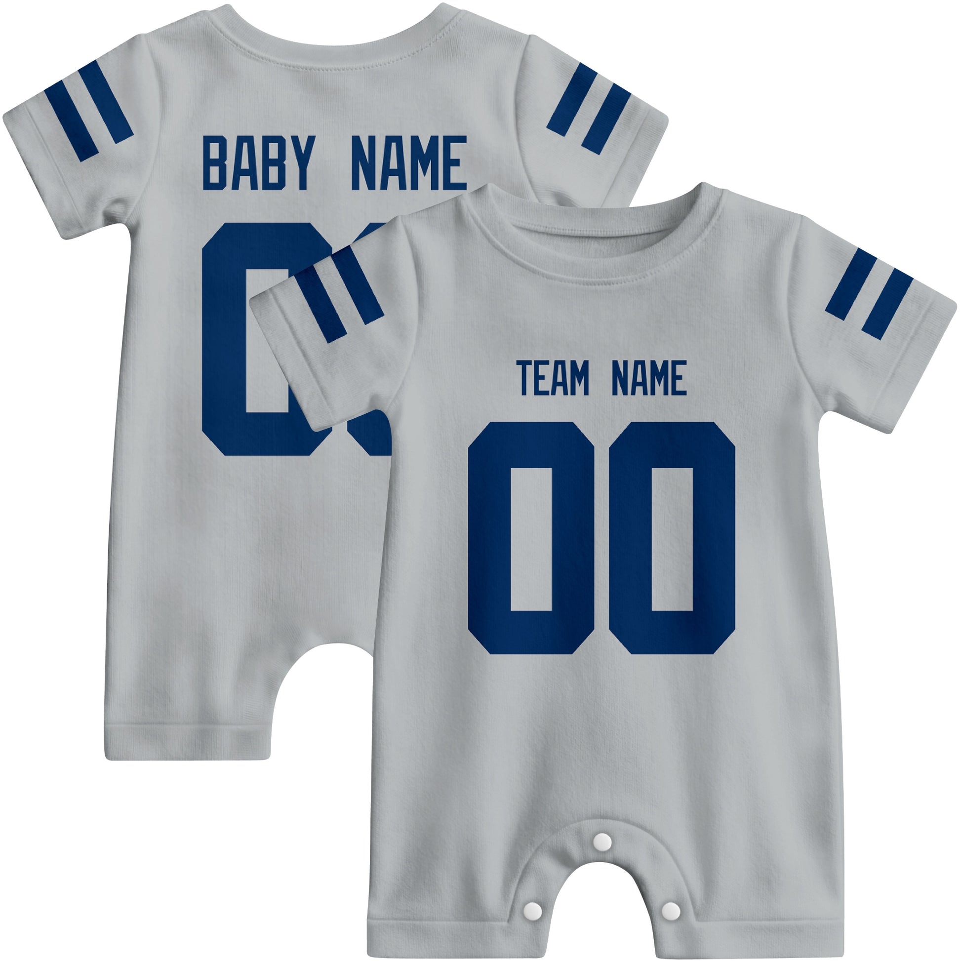 Front and back views of custom football-style baby onesie in Gray and Royal colors with personalized details