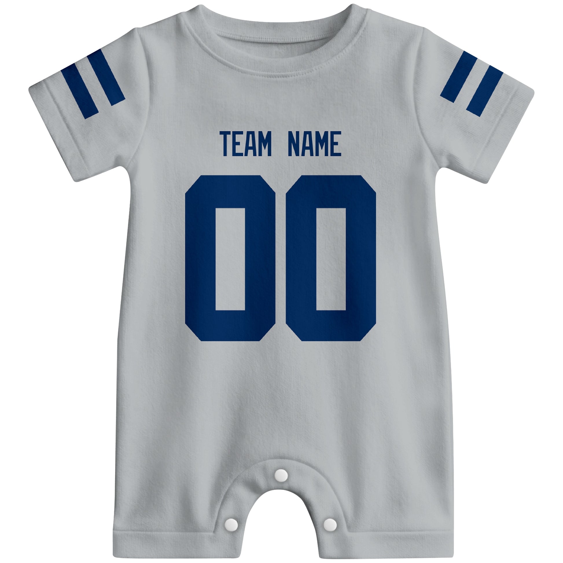 Front view of custom football-style baby onesie in Gray personalized with name and number
