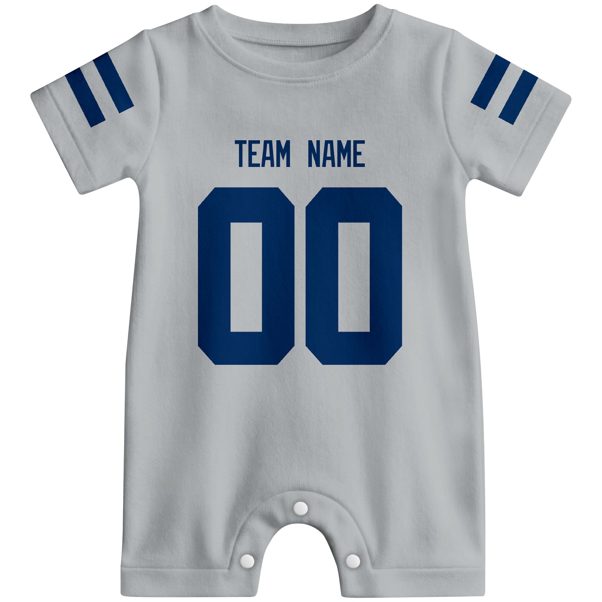 Front view of custom football-style baby onesie in Gray personalized with name and number