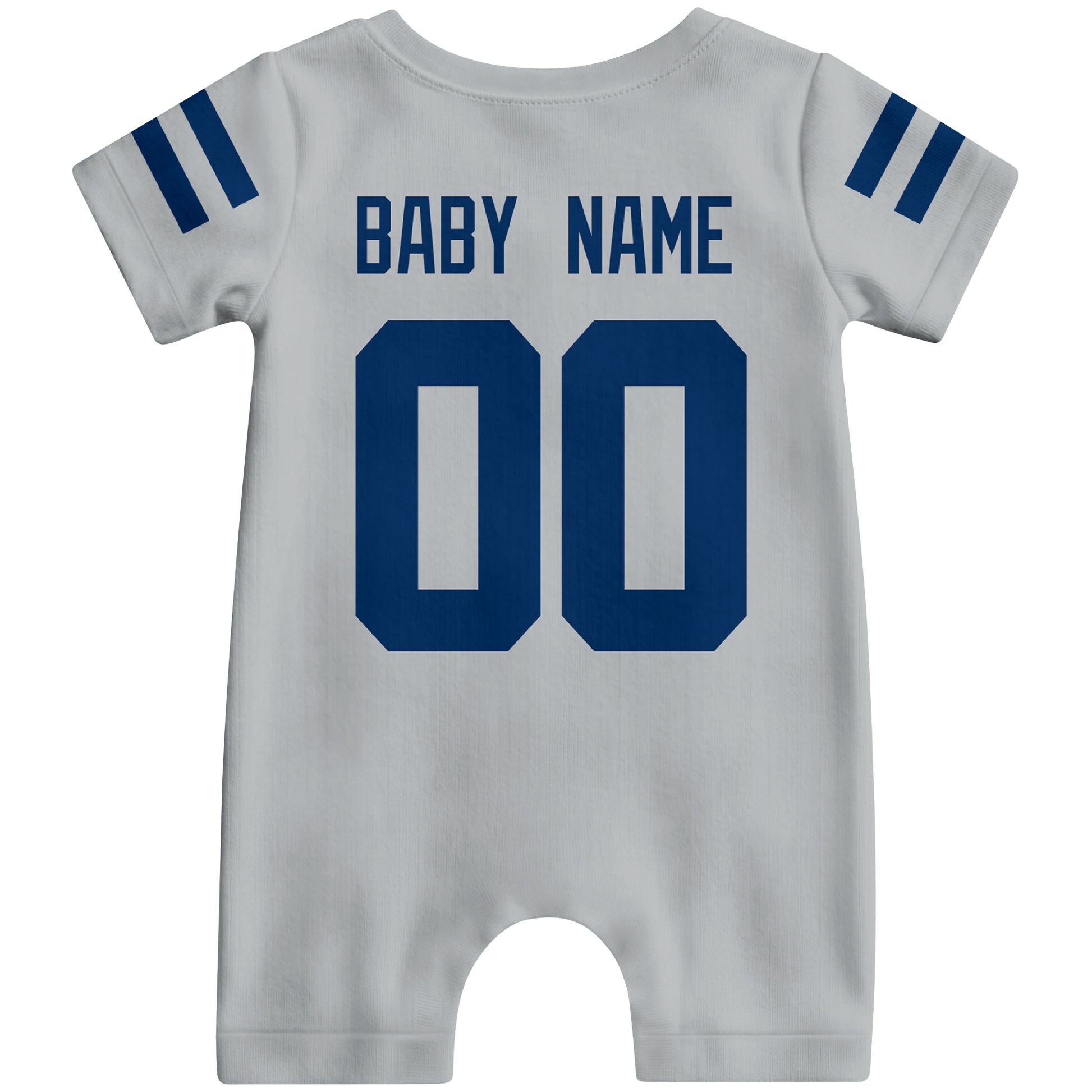 Back view of custom football-style baby onesie in Gray personalized with name and number