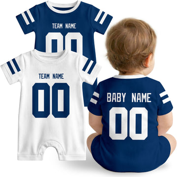 Baby wearing custom football-style onesie in Royal, White, and Gray with personalized name and number