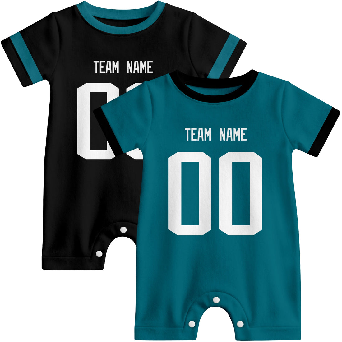 Baby wearing custom football-style onesie in Teal, White, and Black with personalized name and number