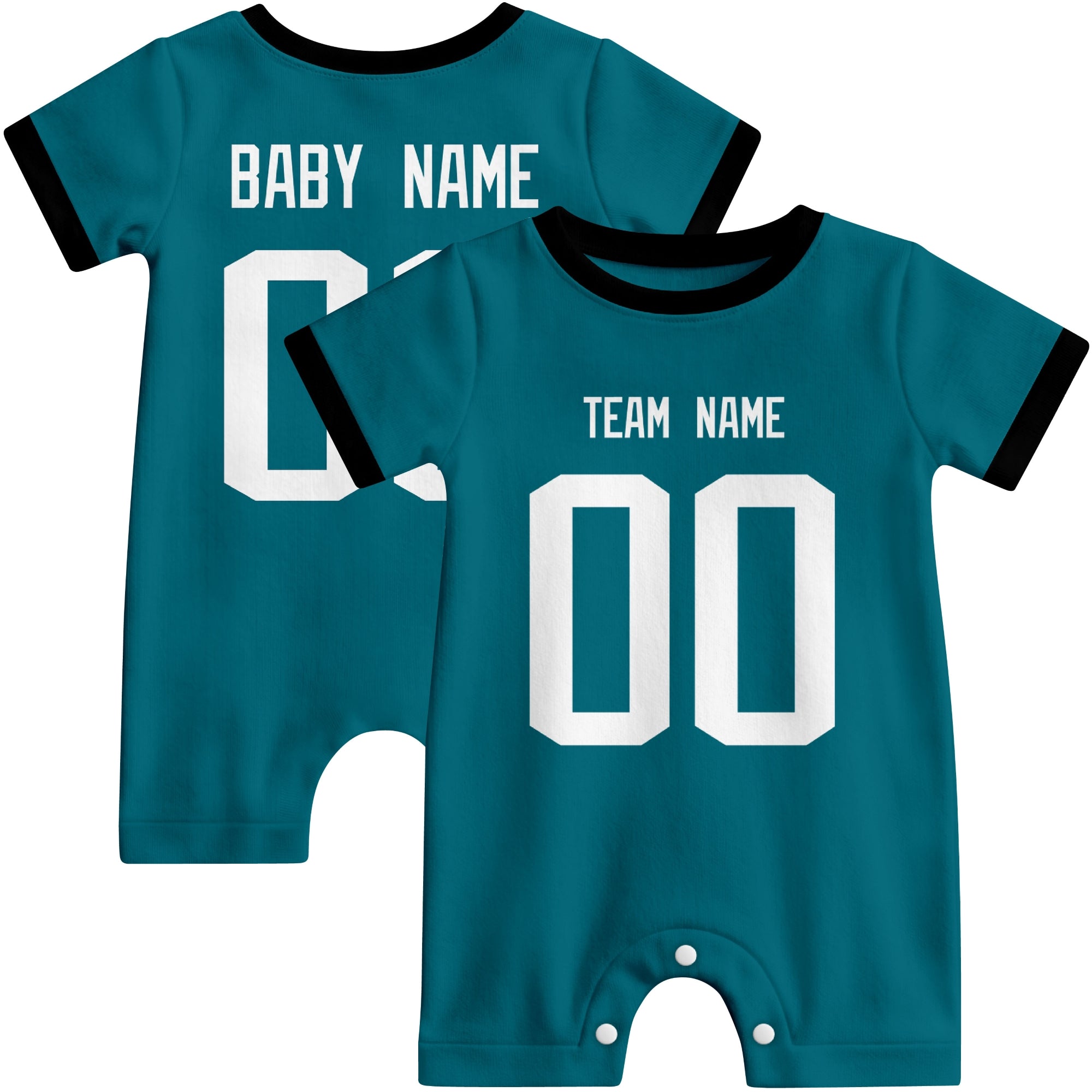 Front and back views of custom football-style baby onesie in Teal and White colors with personalized details