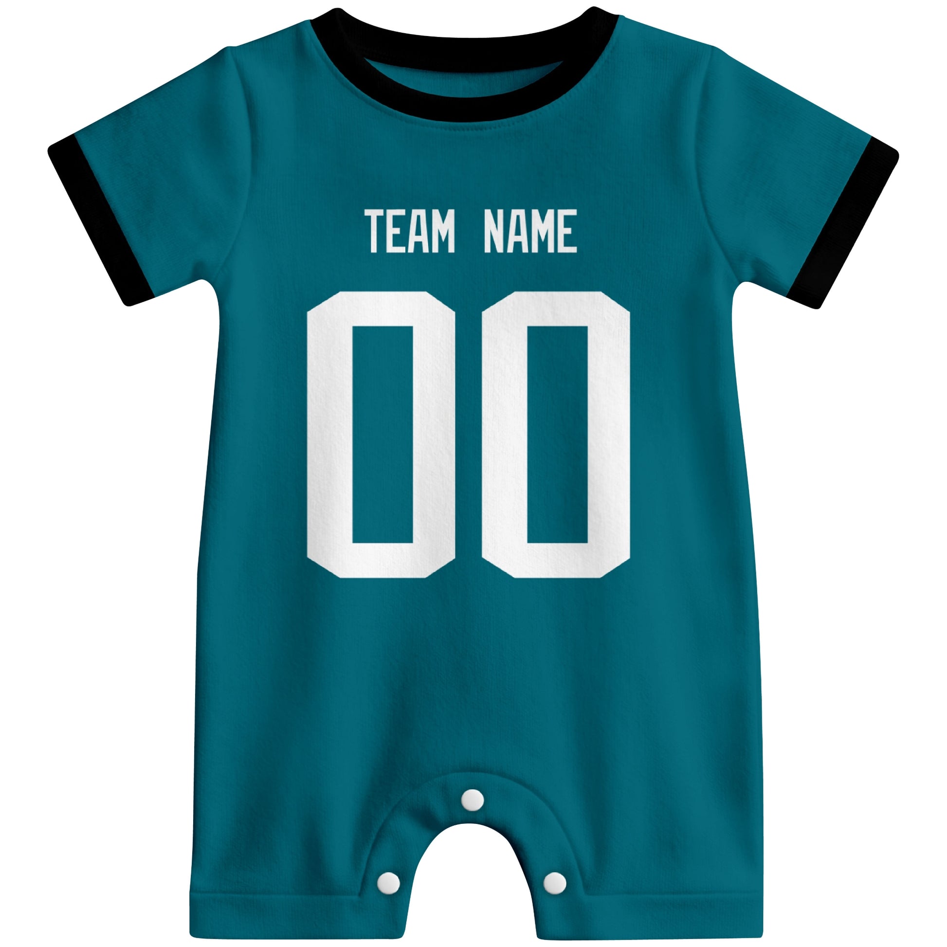 Front view of custom football-style baby onesie in Teal personalized with team name and number