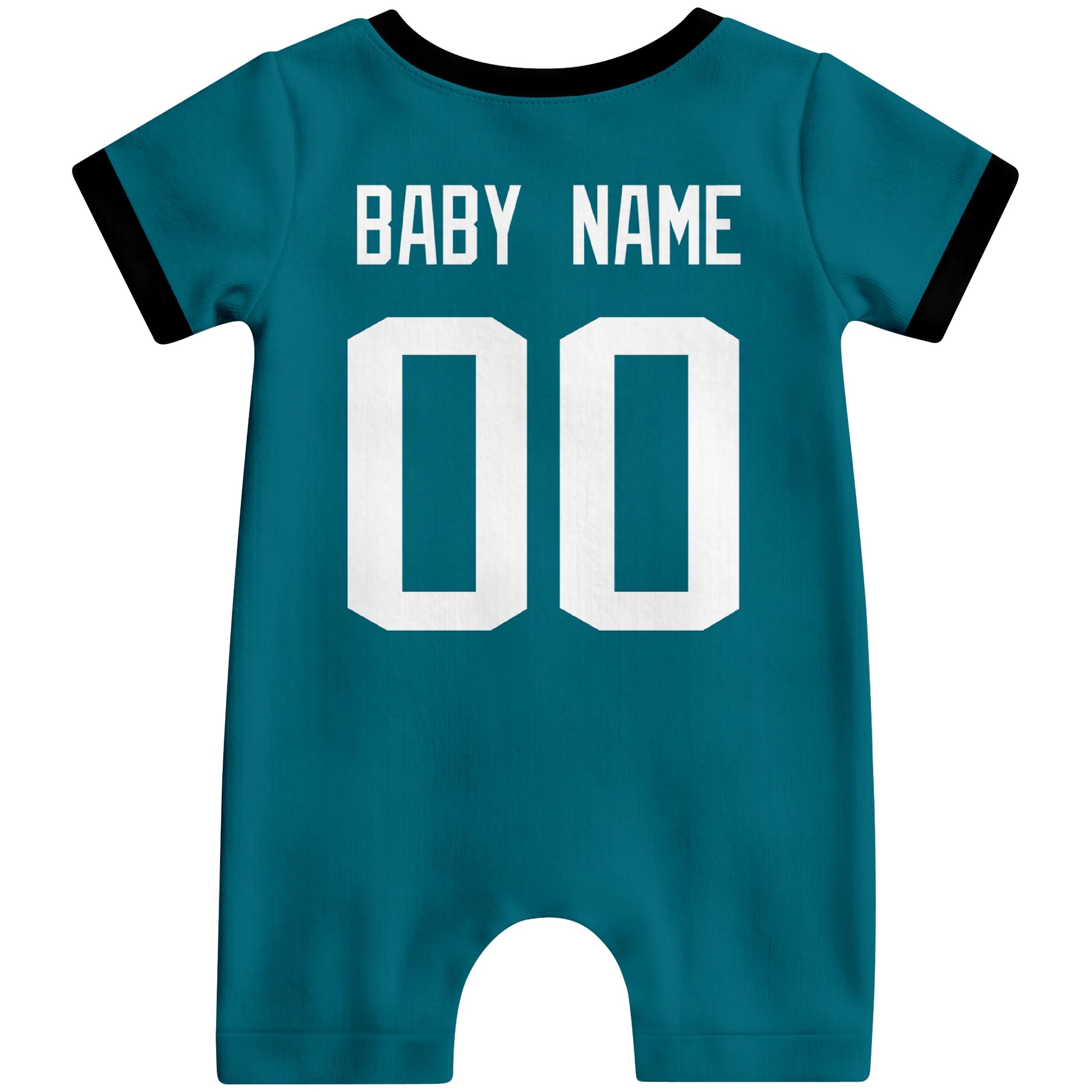 Back view of custom football-style baby onesie in Teal personalized with baby name and number
